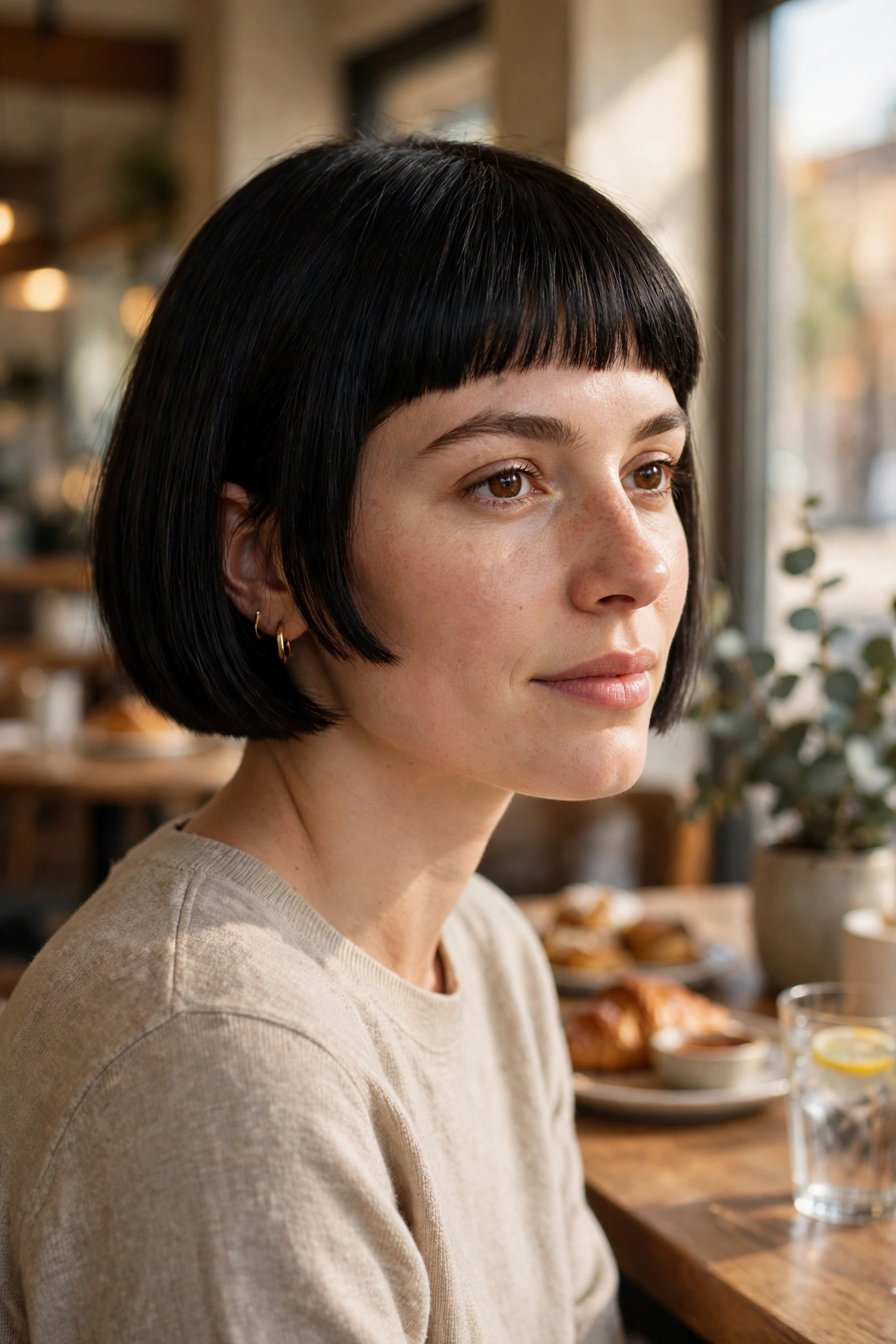 A woman with a chin-length black bob with a straight full fringe, sitting in a cafe in warm daylight, shown in three-quarter view, wearing gold hoop earrings and a beige sweater, with pastries on the table.