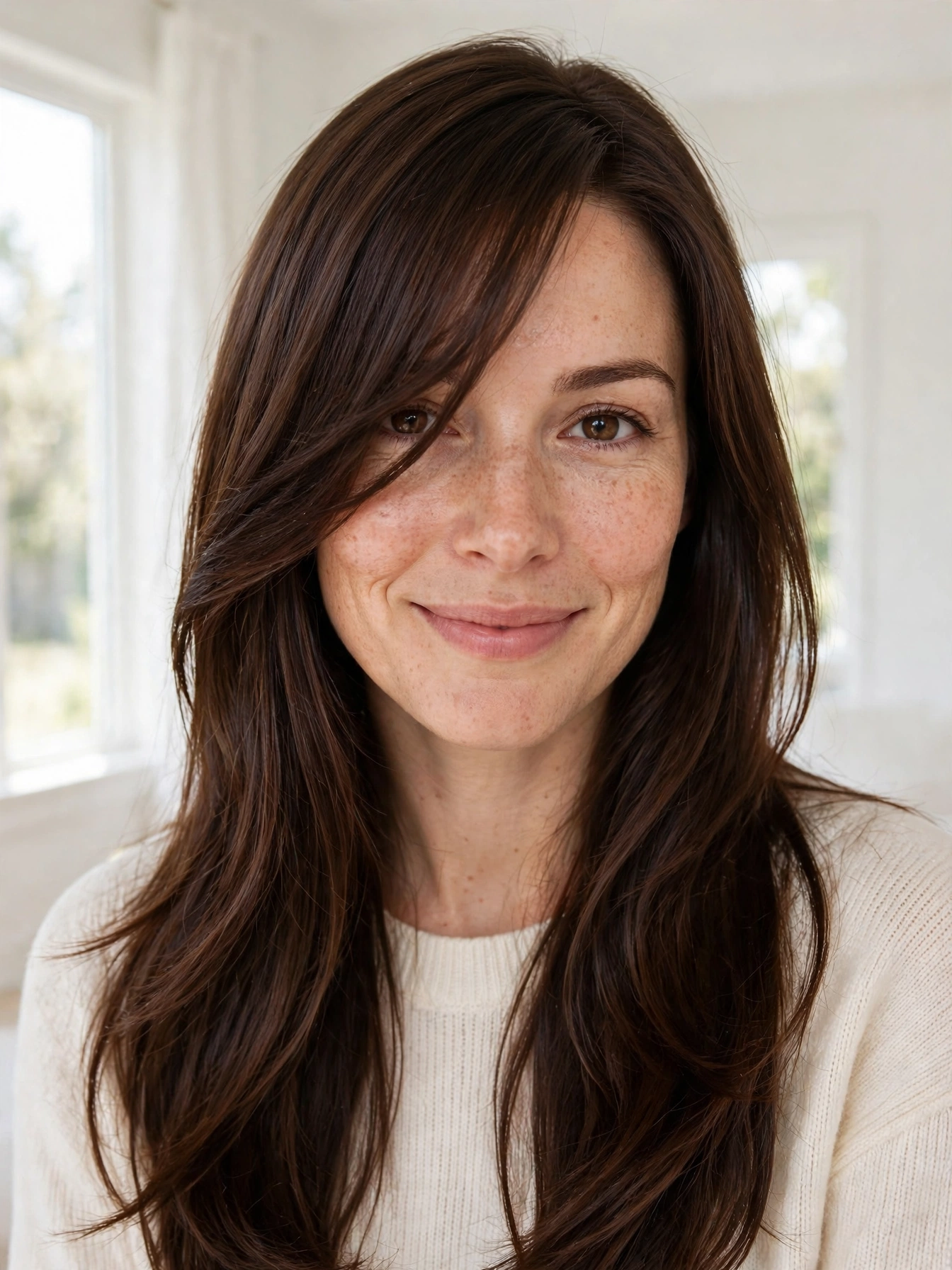 A woman with long, glossy brown hair and a grown-out side-swept fringe falling past her cheekbones, smiling softly at the camera in a bright, airy room with white walls and soft daylight from a large window, wearing a simple cream knit top, front-facing chest-up portrait in a clean, bright style, with the diagonal sweep clearly in focus.