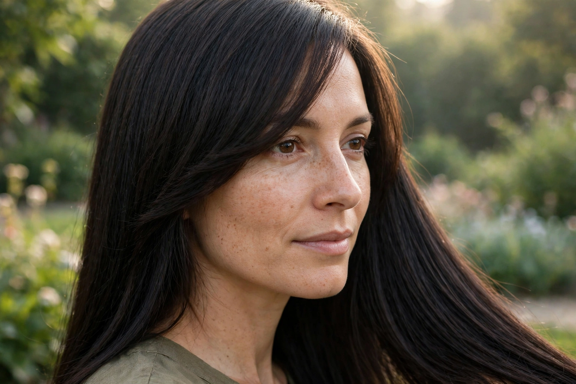 Close-up, three-quarter view of a woman with a jaw-length grown-out sweep blended into long, straight dark hair, photographed outdoors in gentle morning light against a soft, blurred garden background, with the smooth diagonal line across the forehead in focus.