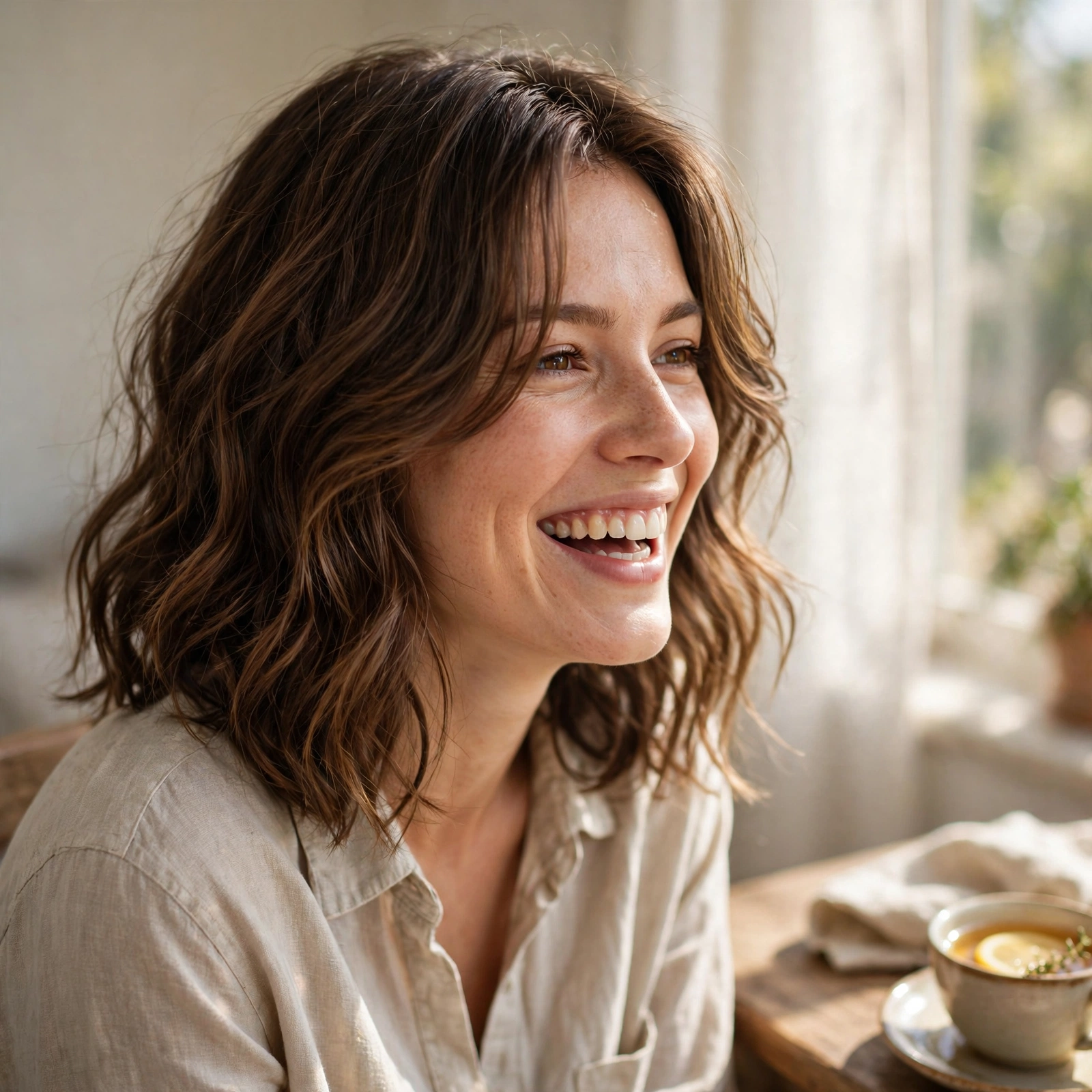 A woman with wavy, shoulder-length hair and a cheekbone-skimming grown-out sweep, laughing gently while sitting by a sunny window with a cup of tea on a nearby table, relaxed chest-up portrait in warm, bright daylight.