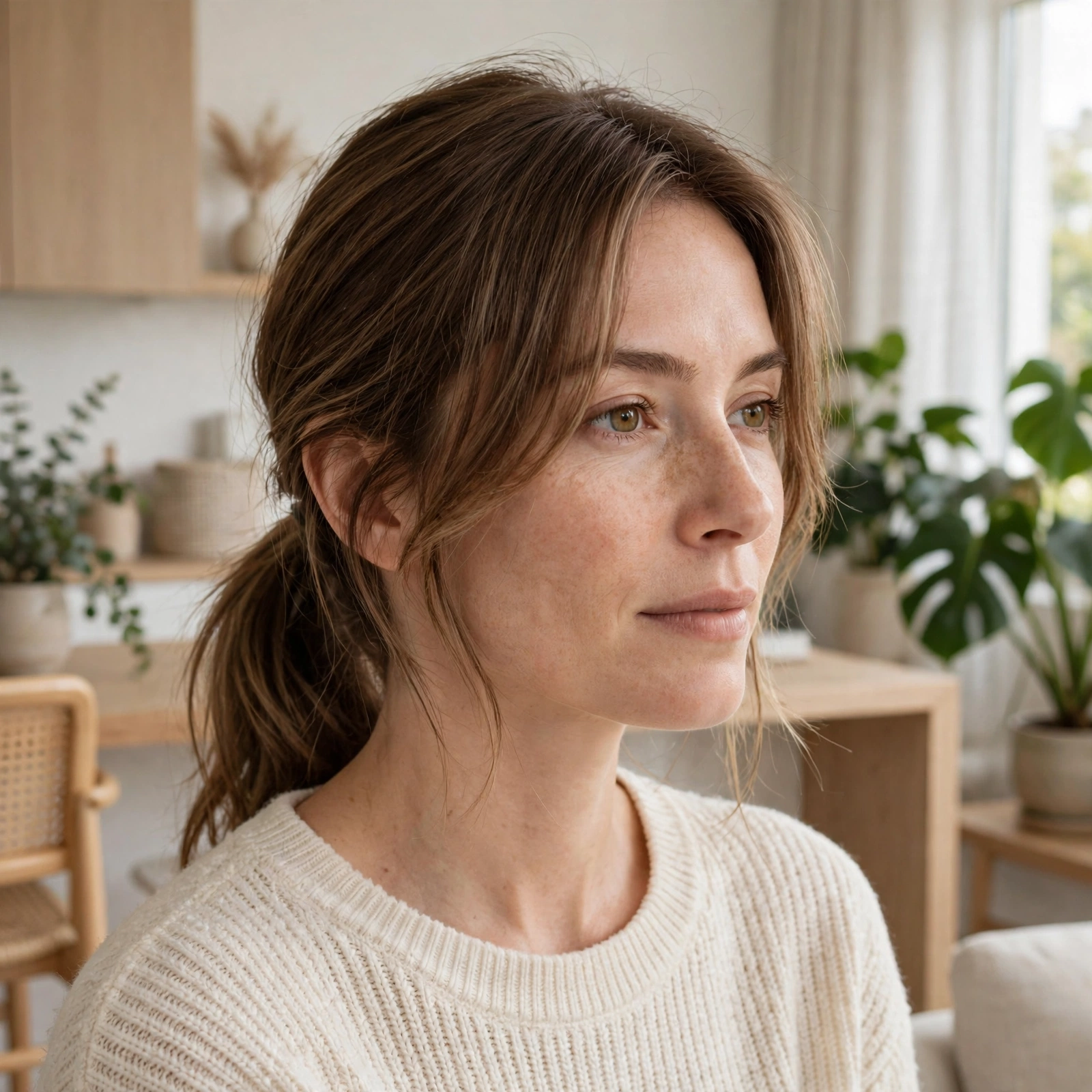 A woman with a low ponytail and a loose grown-out sweep framing her face, standing in a bright, modern living room with light wooden furniture and plants, shown from the shoulders up, facing slightly to the side, in natural daylight.