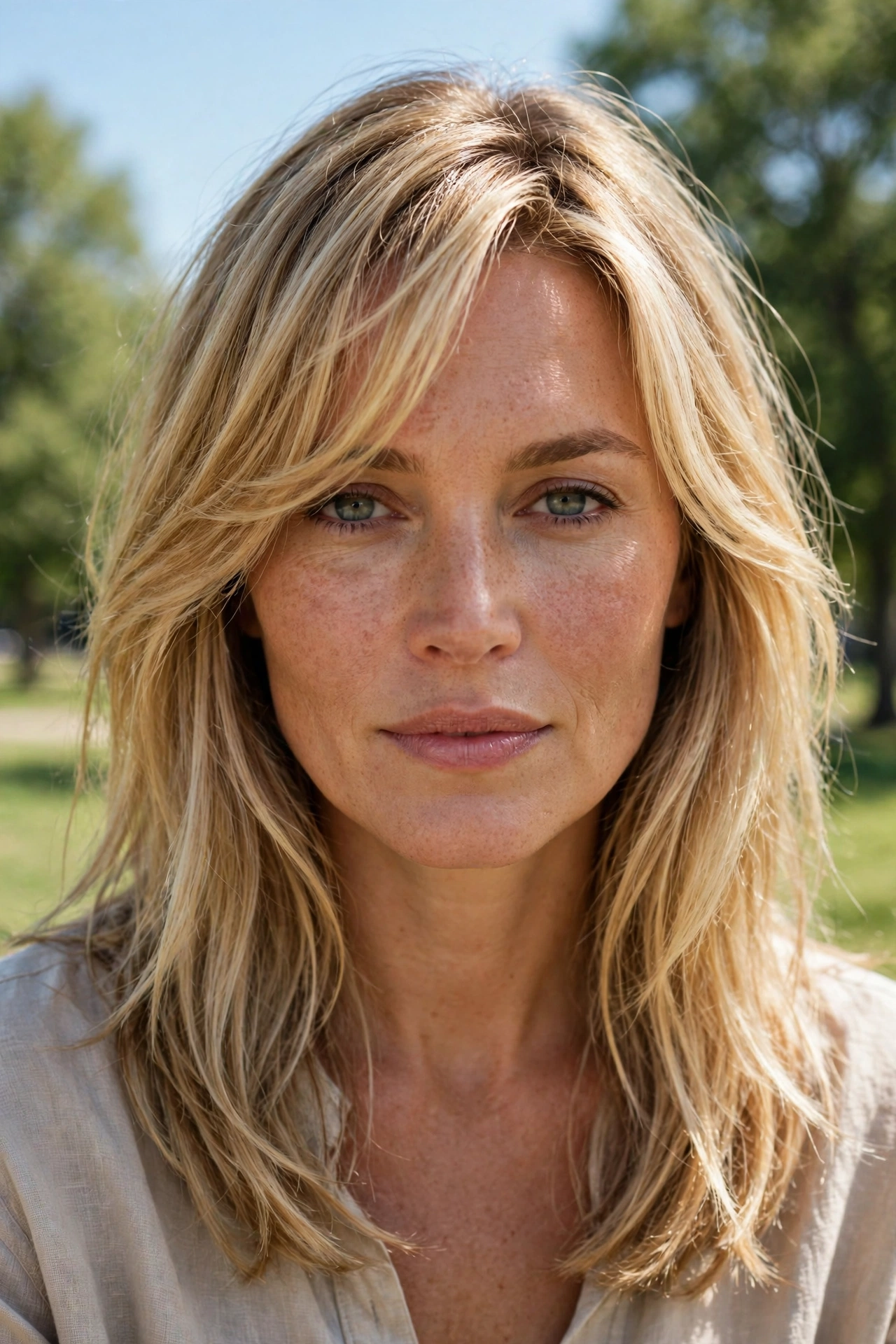A woman with sun-kissed blonde hair and a collarbone-grazing grown-out sweep, photographed outdoors on a bright, clear day in a park with soft green trees blurred in the background, shown from the front, shoulders up, with the sweep falling softly across her forehead.