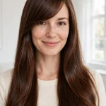A woman with very long, glossy chestnut hair and a wide side-swept fringe falling diagonally across her forehead, smiling softly at the camera in a bright, airy room with white walls and soft daylight from a large window, wearing a simple cream top, front-facing chest-up portrait in a clean, bright style, with the sweep and long hair clearly in focus.