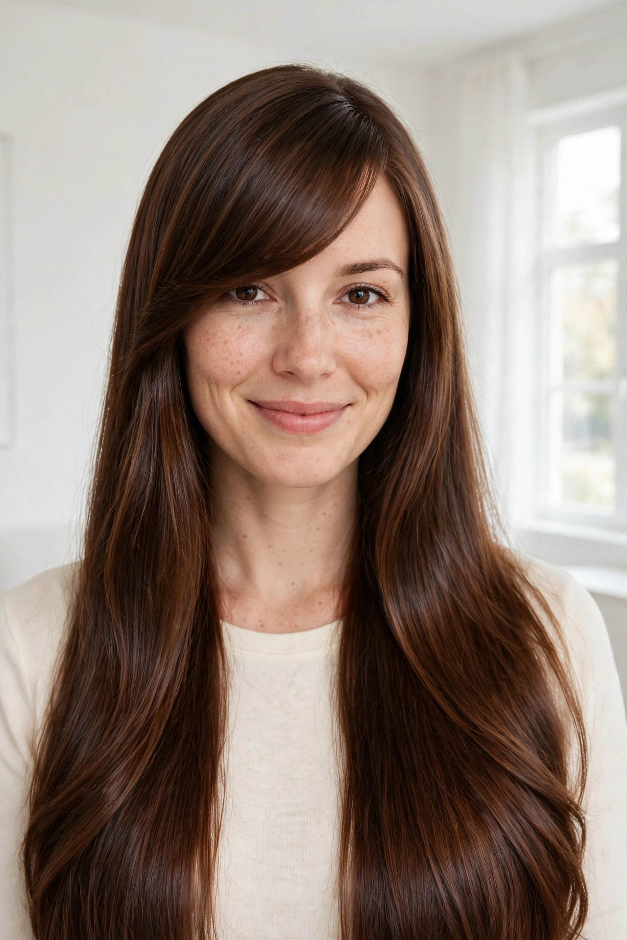 A woman with very long, glossy chestnut hair and a wide side-swept fringe falling diagonally across her forehead, smiling softly at the camera in a bright, airy room with white walls and soft daylight from a large window, wearing a simple cream top, front-facing chest-up portrait in a clean, bright style, with the sweep and long hair clearly in focus.
