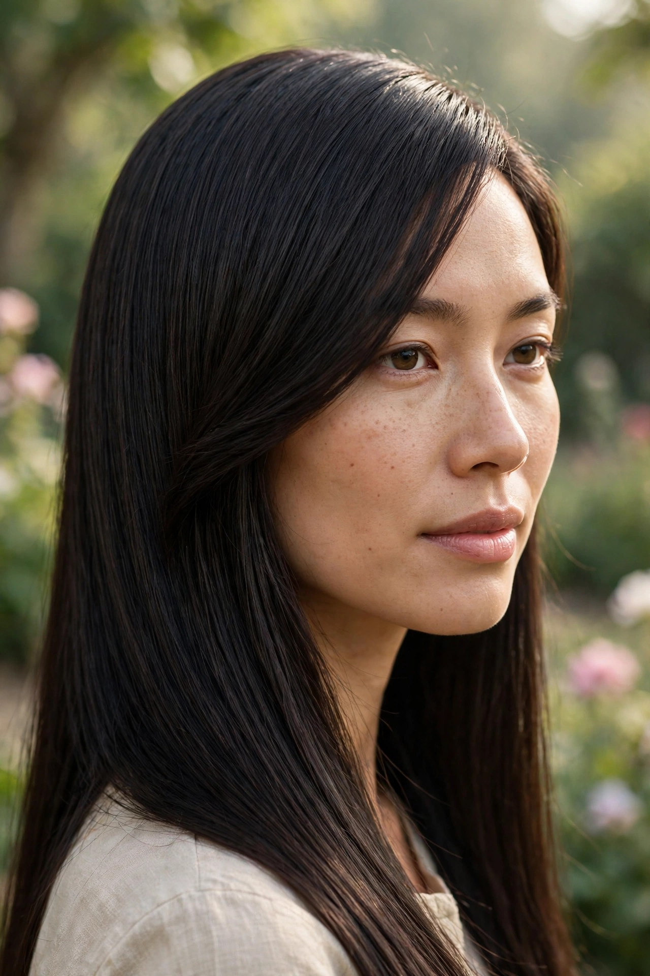 Close-up, three-quarter view of a woman with waist-length straight dark hair and a smooth diagonal sweep, photographed outdoors in gentle morning light against a soft, blurred garden background, with the sleek sweep across the forehead in focus.