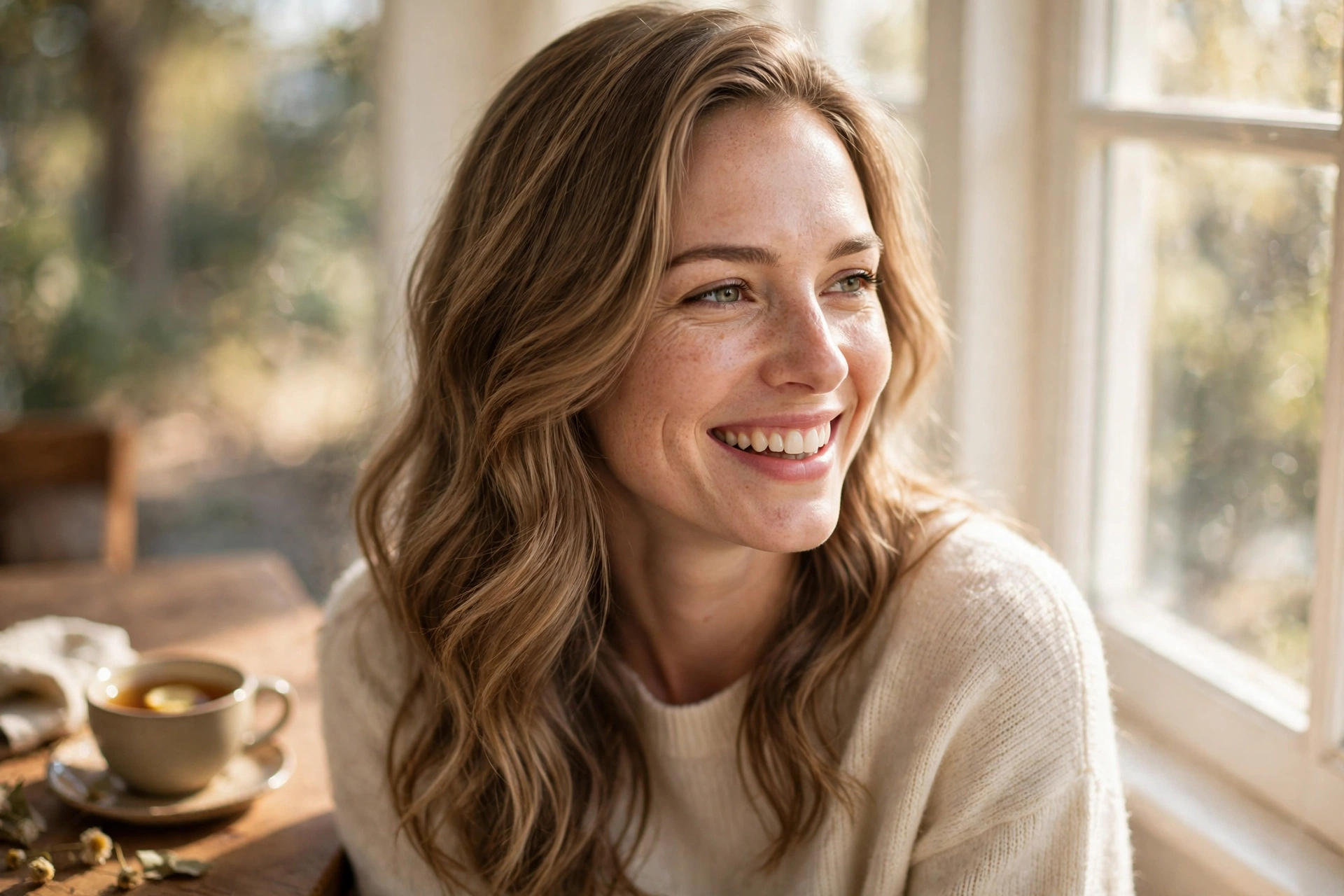 A woman with long, loose wavy hair and a soft side sweep, laughing gently while sitting by a sunny window with a cup of tea on a nearby table, relaxed chest-up portrait in warm, bright daylight.