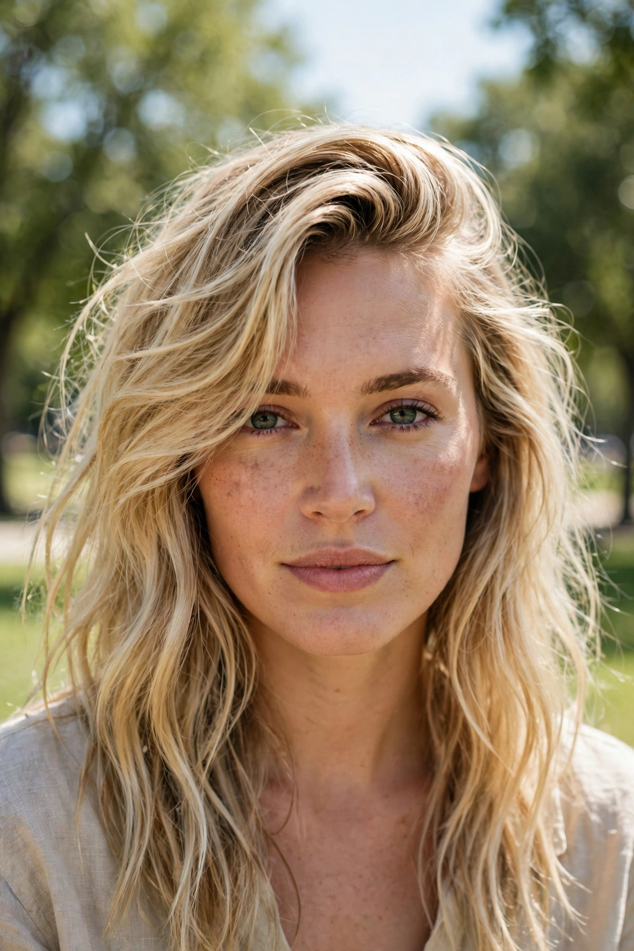 A woman with long, beach-waved blonde hair and a tousled side sweep, photographed outdoors on a bright, clear day in a park with soft green trees blurred in the background, shown from the front, shoulders up, with the sweep moving softly across her forehead.