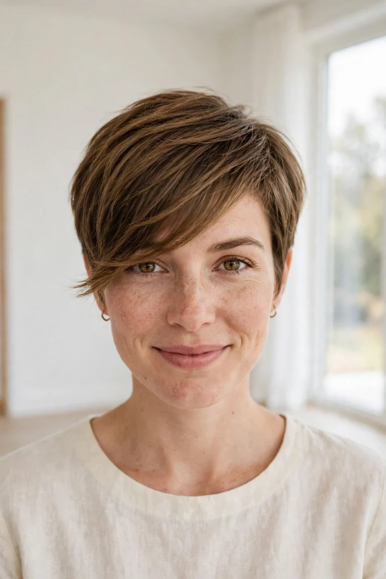A woman with a short, textured haircut and a long side-swept fringe falling diagonally across her forehead, smiling softly at the camera in a bright, airy room with white walls and soft daylight from a large window, wearing a simple cream top, front-facing chest-up portrait in a clean, bright style, with the sweep clearly in focus.