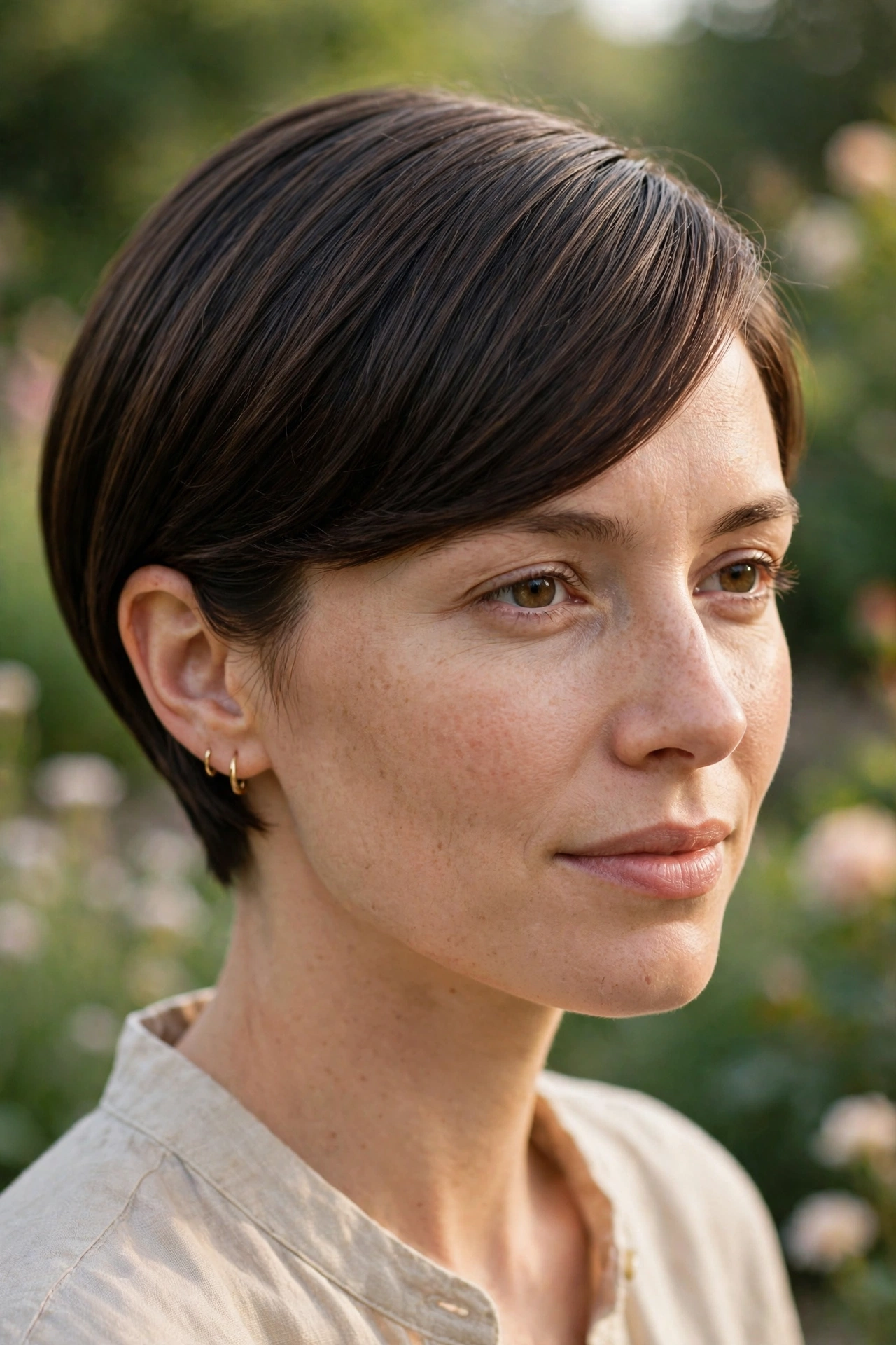 Close-up, three-quarter view of a woman with a short, sleek haircut and a smooth side sweep, photographed outdoors in gentle morning light against a soft, blurred garden background, with the polished diagonal fringe in focus.