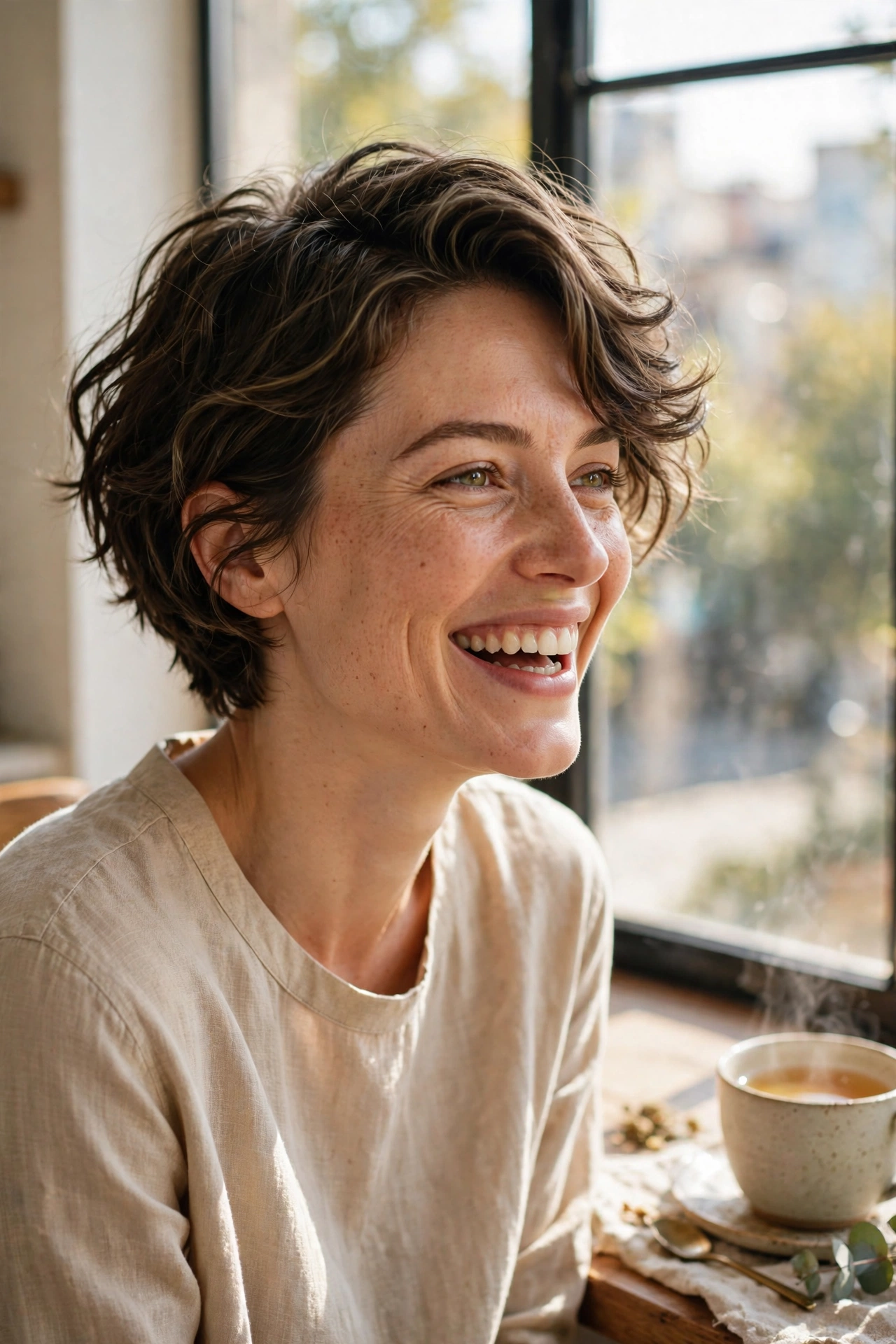 A woman with a short, wavy haircut and a tousled side sweep, laughing gently while sitting by a sunny window with a cup of tea on a nearby table, relaxed chest-up portrait in warm, bright daylight.