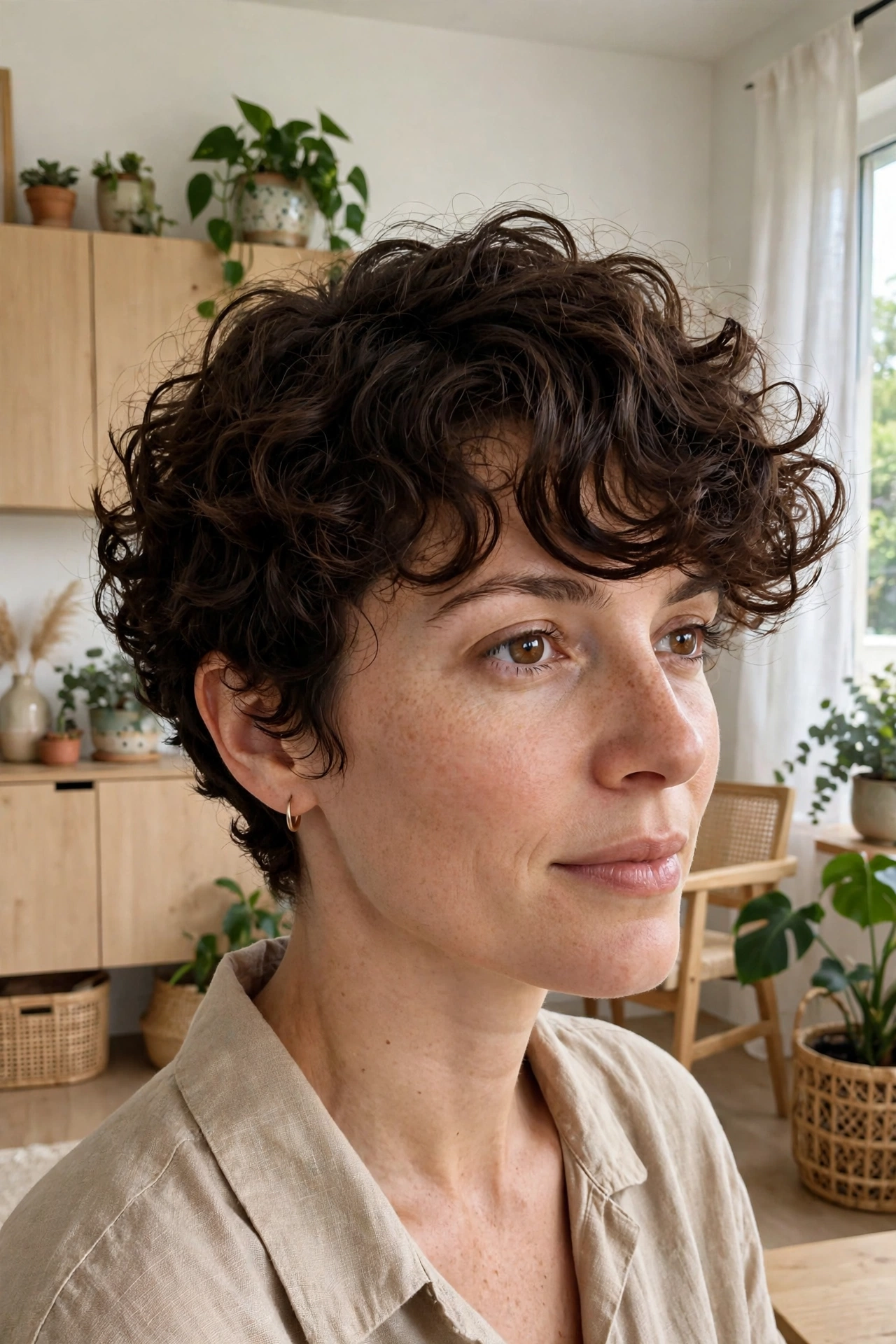 A woman with a short, curly haircut and a voluminous sweeping fringe, standing in a bright, modern living room with light wooden furniture and plants, shown from the shoulders up, facing slightly to the side, in natural daylight.