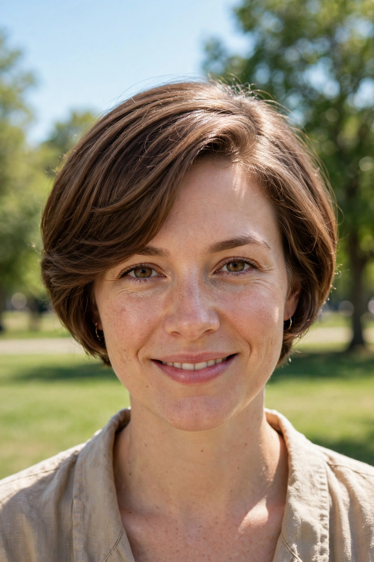 A woman with a short, rounded haircut and a soft side sweep, photographed outdoors on a bright, clear day in a park with soft green trees blurred in the background, shown from the front, shoulders up, with the sweep framing her face.