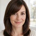 A woman with shoulder-length, glossy brown hair and a classic side-swept fringe falling diagonally across her forehead, smiling softly at the camera in a bright, airy room with white walls and soft daylight from a large window, wearing a simple cream top, front-facing chest-up portrait in a clean, bright style, with the sweep clearly in focus.