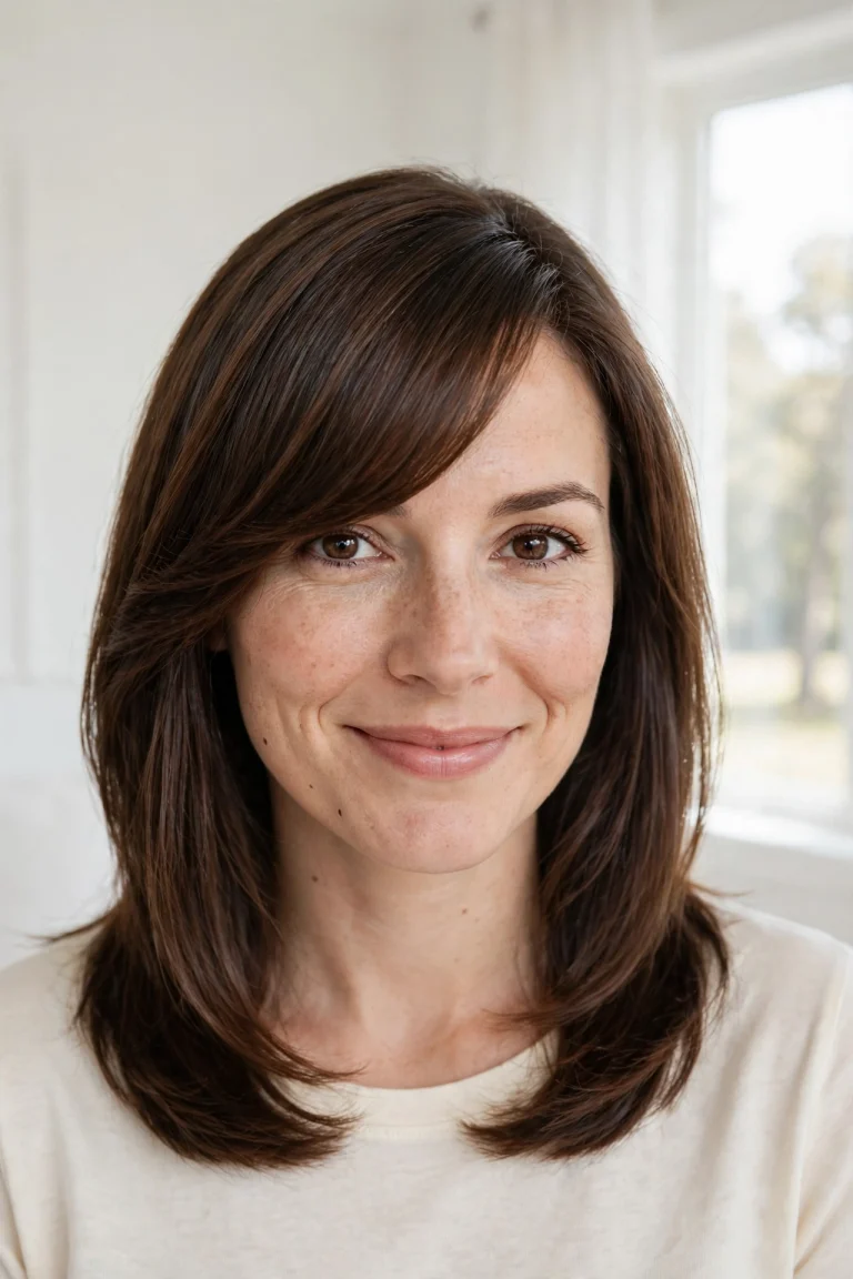 A woman with shoulder-length, glossy brown hair and a classic side-swept fringe falling diagonally across her forehead, smiling softly at the camera in a bright, airy room with white walls and soft daylight from a large window, wearing a simple cream top, front-facing chest-up portrait in a clean, bright style, with the sweep clearly in focus.