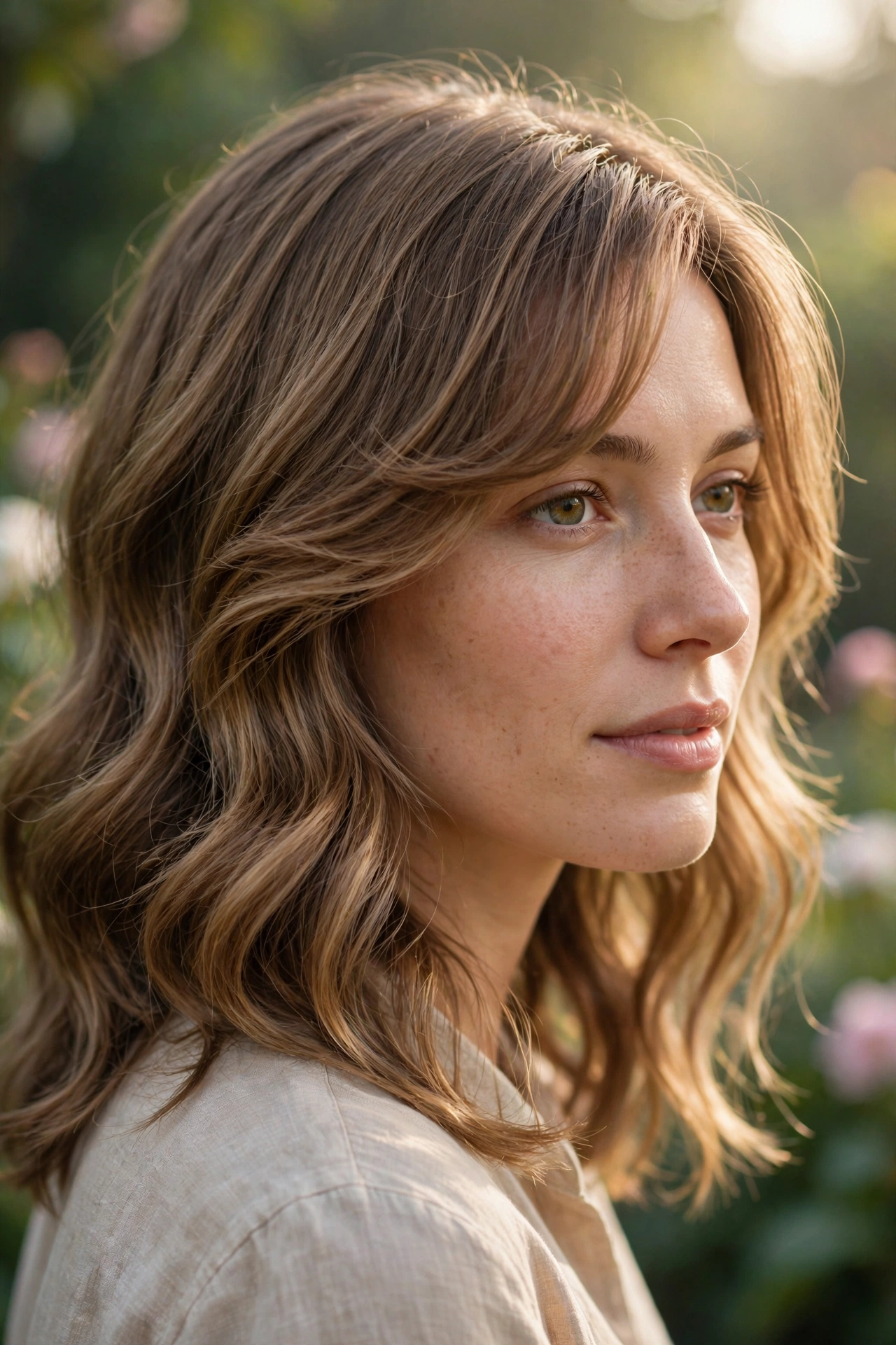 Close-up, three-quarter view of a woman with medium-length wavy hair and a soft side sweep, photographed outdoors in gentle morning light against a soft, blurred garden background, with the gentle diagonal fringe and waves in focus.