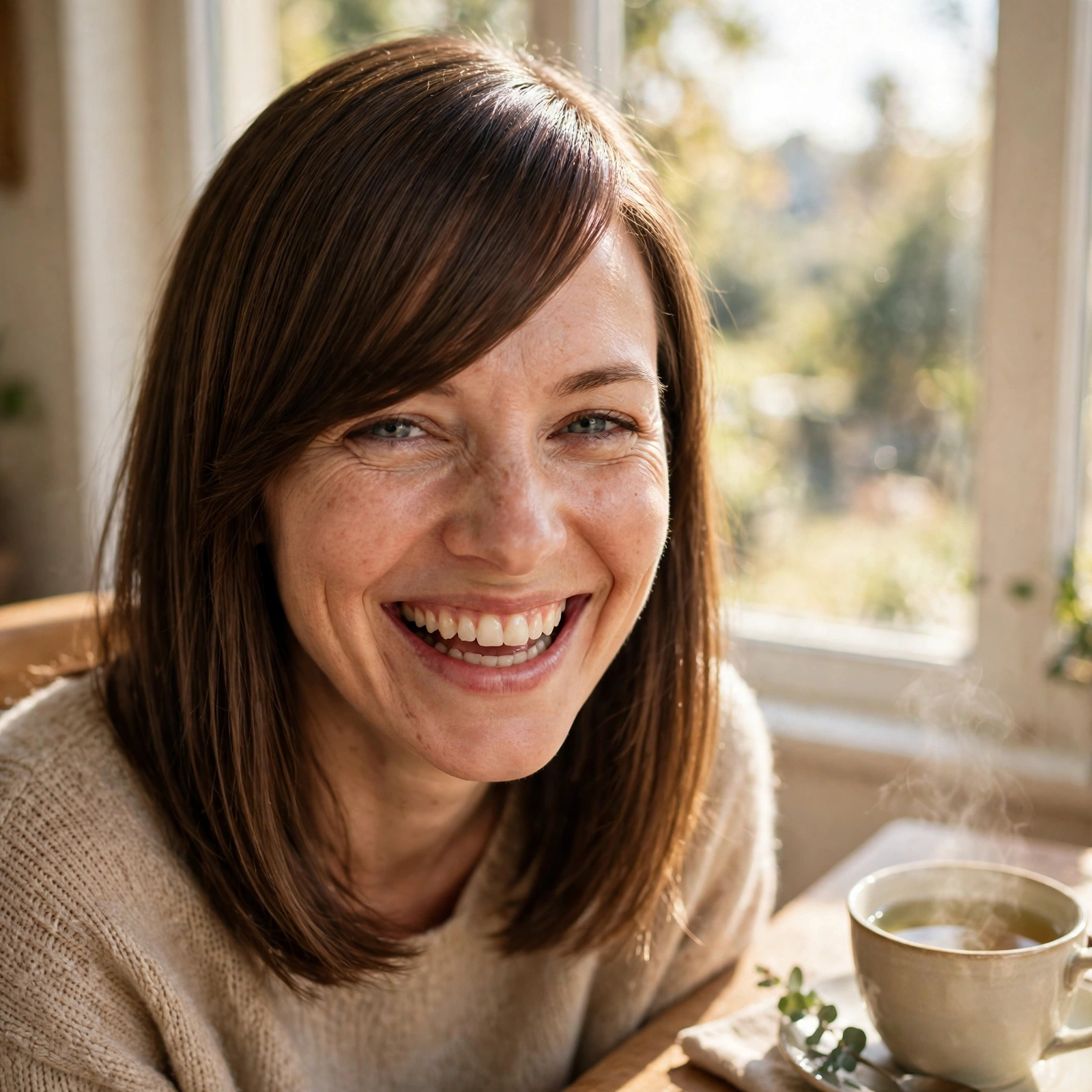 A woman with medium-length straight hair and a clear, sleek side-swept fringe falling diagonally across her forehead, laughing gently while sitting by a sunny window with a cup of tea on a nearby table, relaxed chest-up portrait in warm, bright daylight.