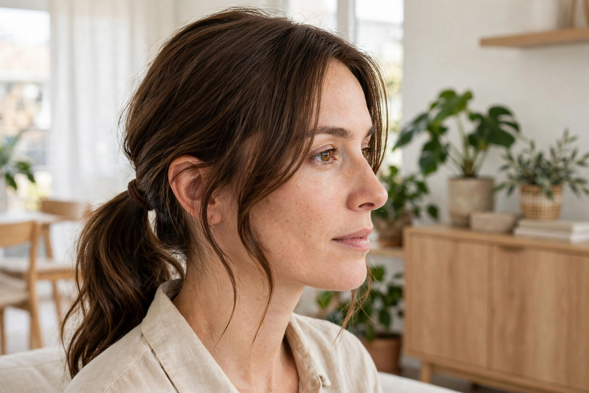 A woman with medium-length hair in a low side ponytail and a loose side sweep framing her face, standing in a bright, modern living room with light wooden furniture and plants, shown from the shoulders up, facing slightly to the side, in natural daylight.