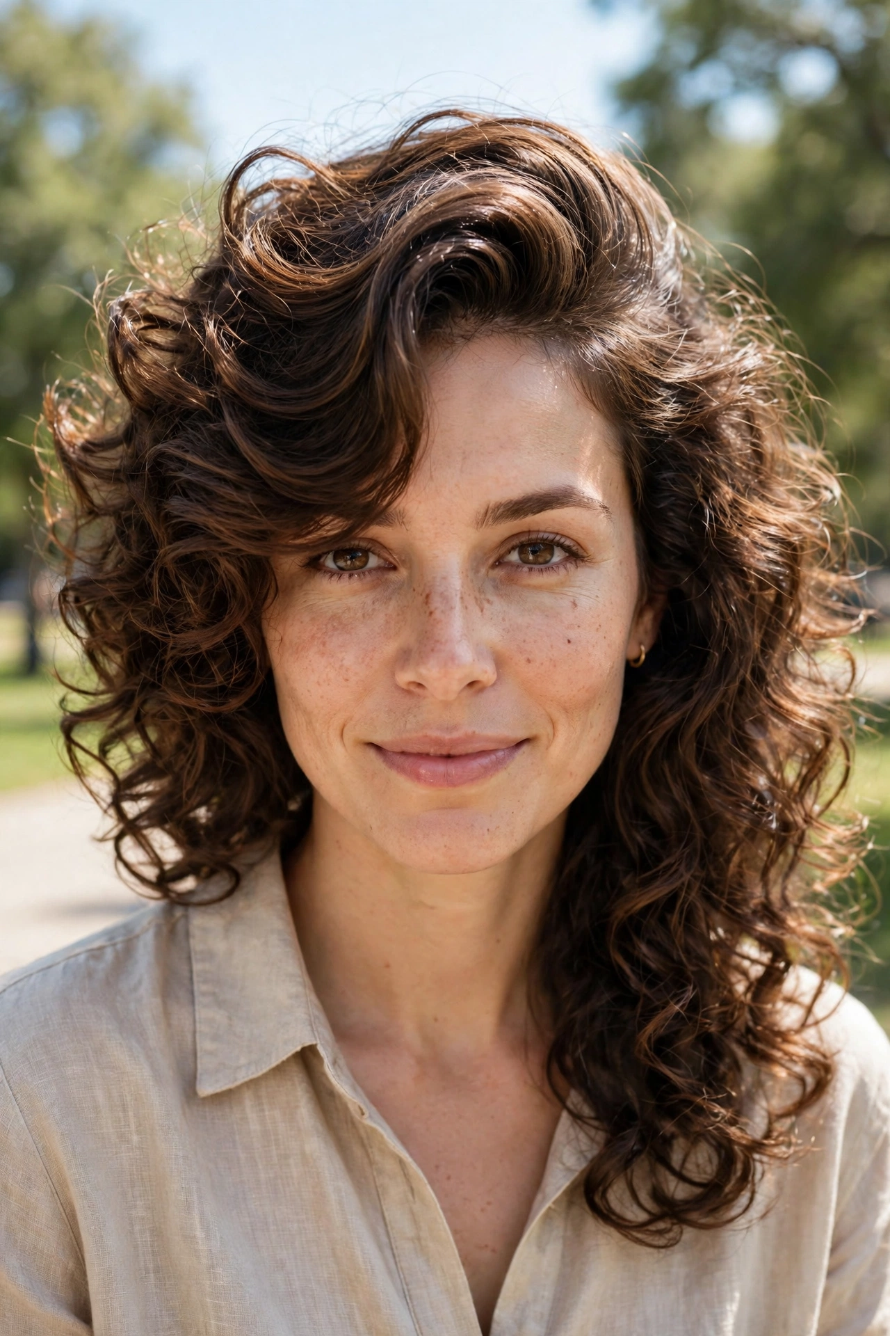 A woman with medium-length curly hair and a voluminous side sweep, photographed outdoors on a bright, clear day in a park with soft green trees blurred in the background, shown from the front, shoulders up, with the sweep framing her face.