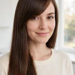 Close-up of a woman with long, straight, glossy brown hair and a glass-smooth side-swept fringe falling diagonally across her forehead in a bright room