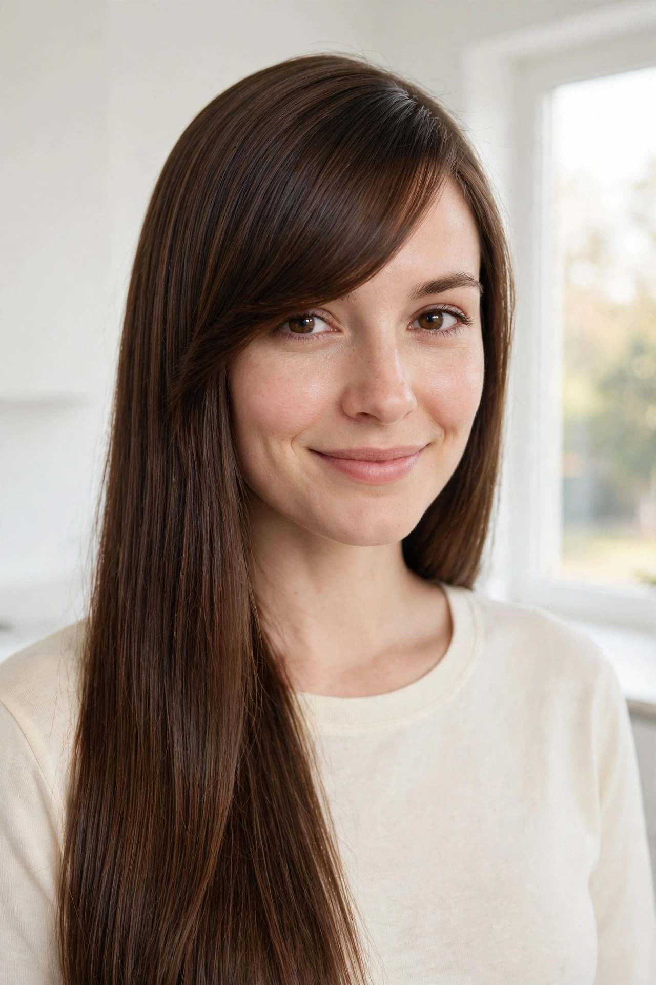 Close-up of a woman with long, straight, glossy brown hair and a glass-smooth side-swept fringe falling diagonally across her forehead in a bright room