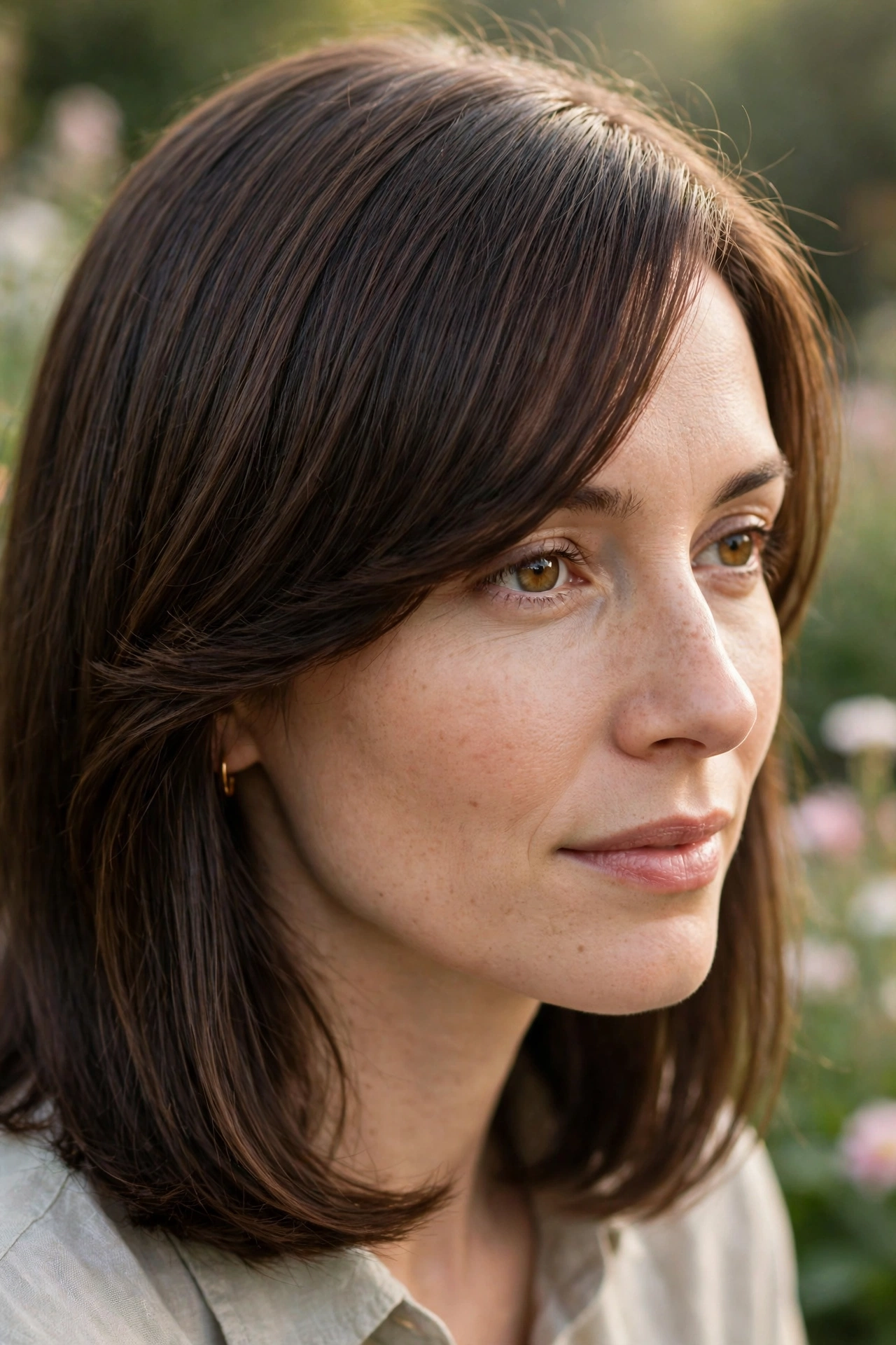 Close-up profile of a woman with long, straight dark brown hair and a side-swept fringe falling across her forehead, outdoors
