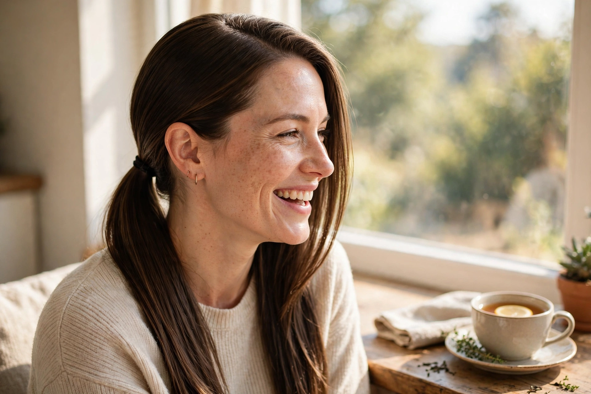 Profile view of a woman with long straight brown hair with a side part, worn in a low ponytail, smiling by a bright window