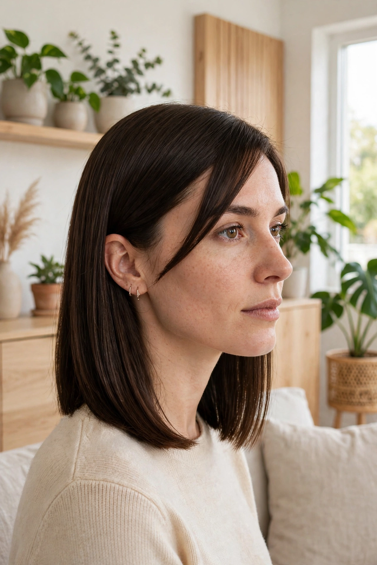 Profile view of a woman with straight, shoulder-length dark brown hair and a smooth side-swept fringe, indoors with houseplants