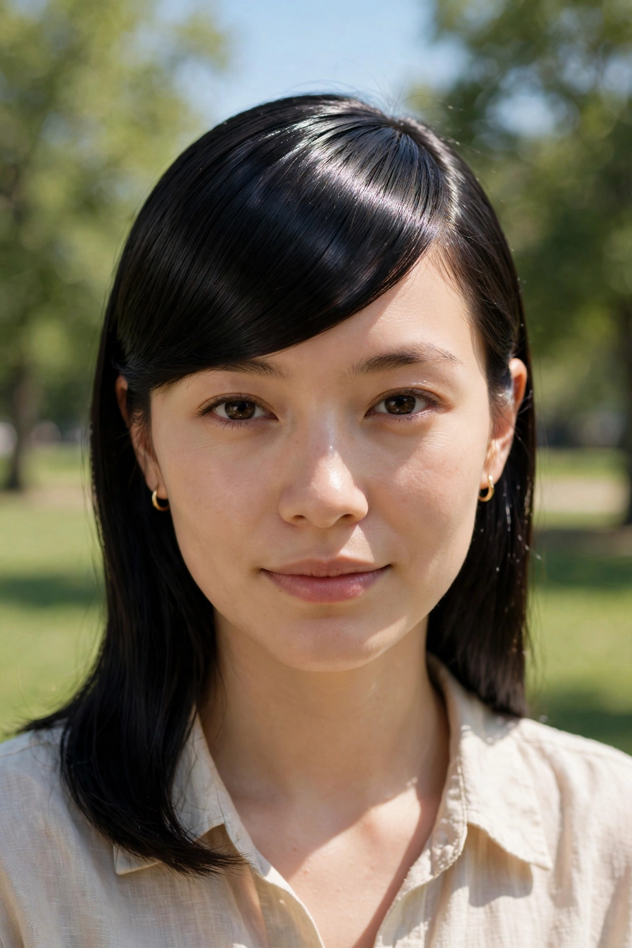 Front view of a woman with glossy, pin-straight black hair and a side-swept fringe across her forehead, outdoors