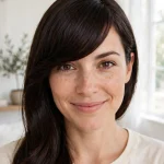 Front view of a woman with thick, dark brown hair and a full side-swept fringe across her forehead, smiling indoors by a window
