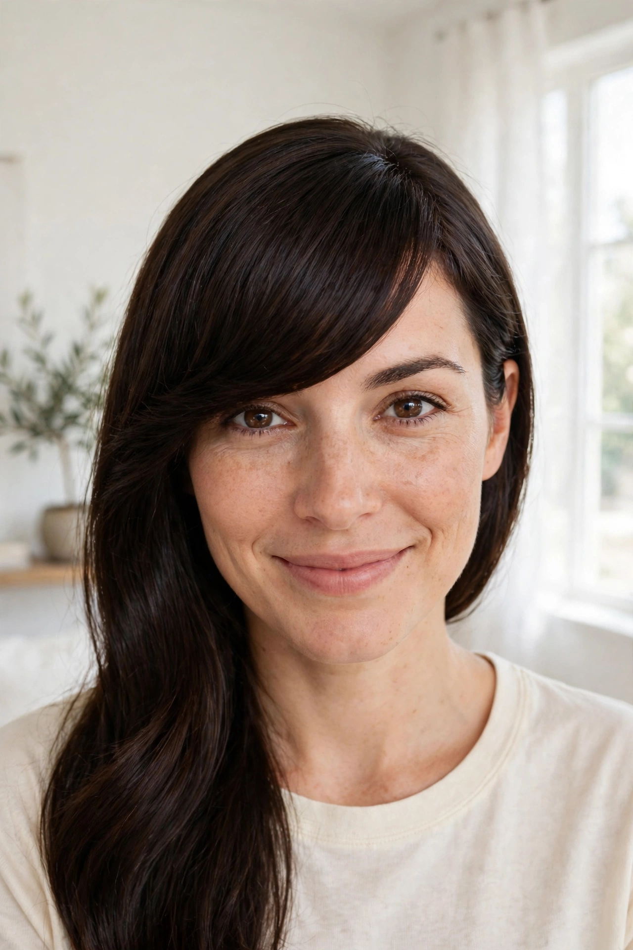 Front view of a woman with thick, dark brown hair and a full side-swept fringe across her forehead, smiling indoors by a window
