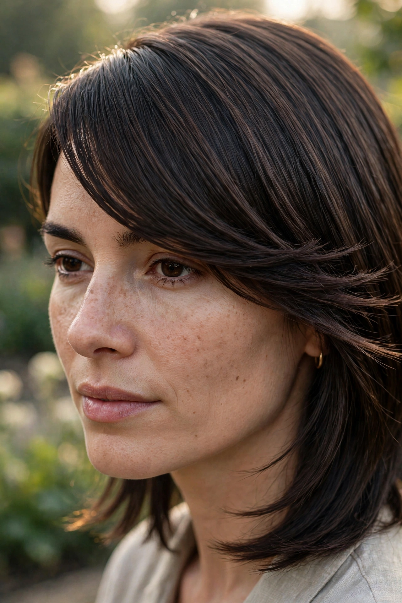 Close-up of a woman with thick, dark brown hair and a side-swept fringe with thinned, feathered ends falling across her forehead, outdoors