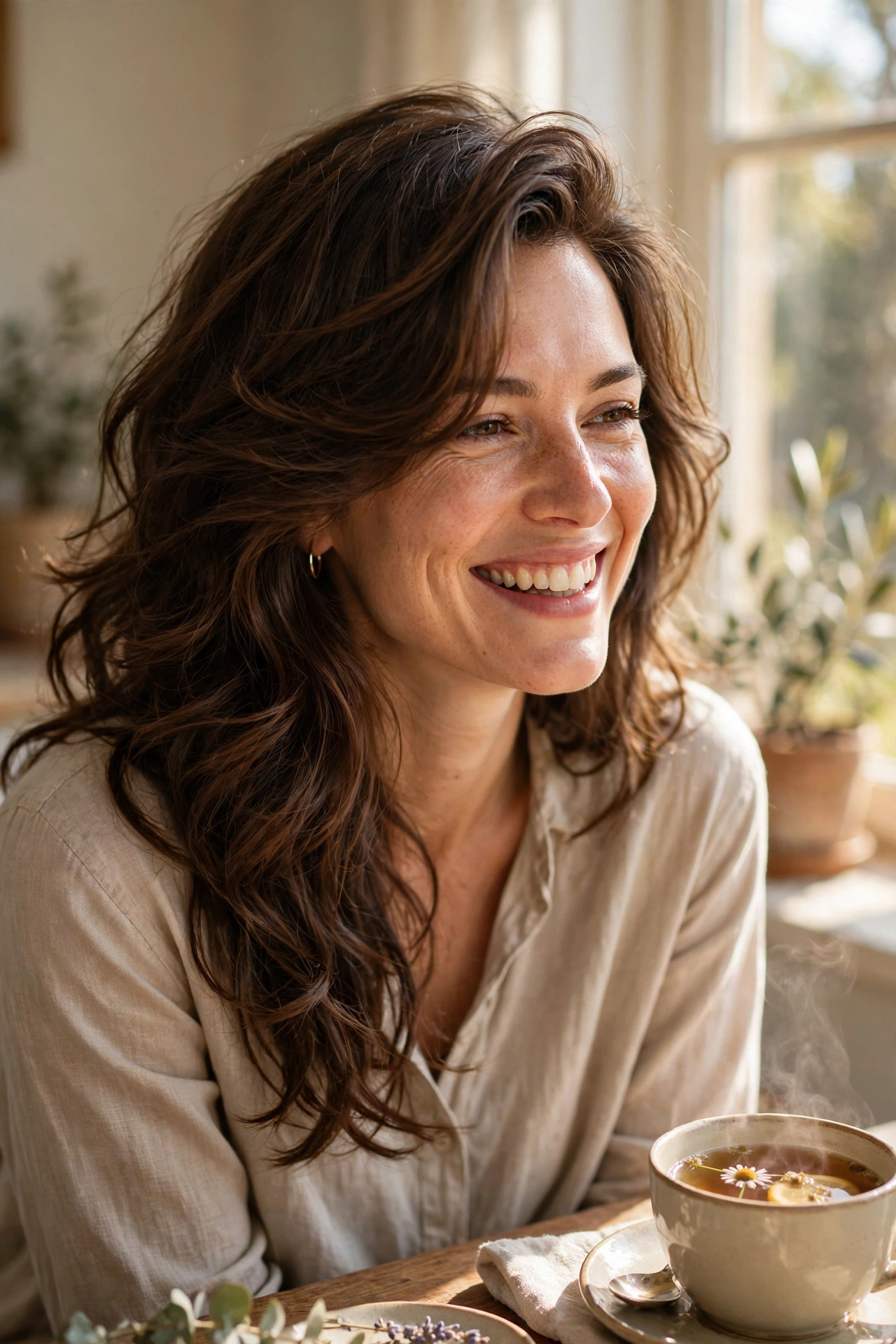 Woman with thick, wavy brown hair and a side-swept fringe, smiling by a bright window
