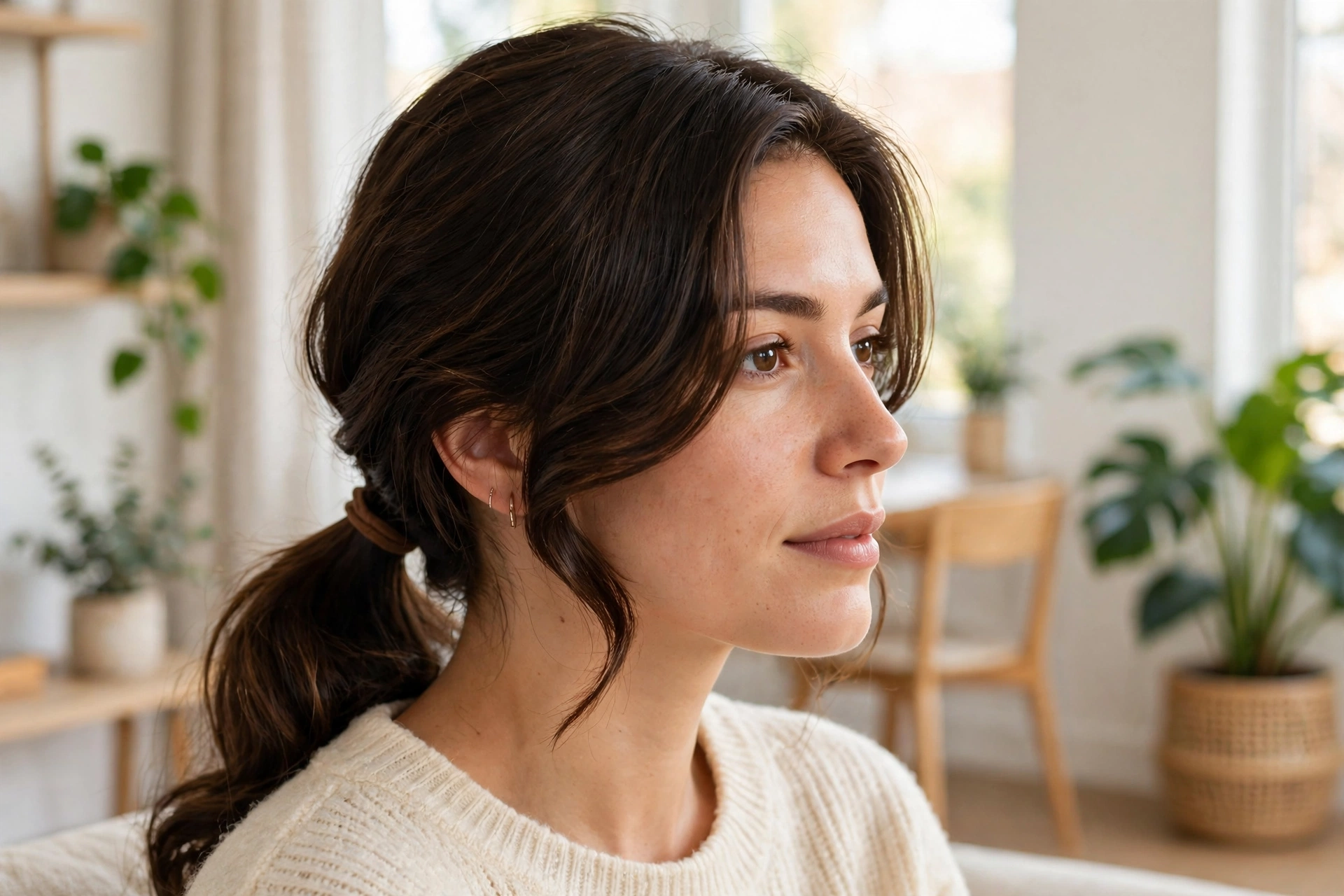 Profile view of a woman with thick, dark brown hair in a low ponytail and a loose side-swept fringe framing her face, indoors