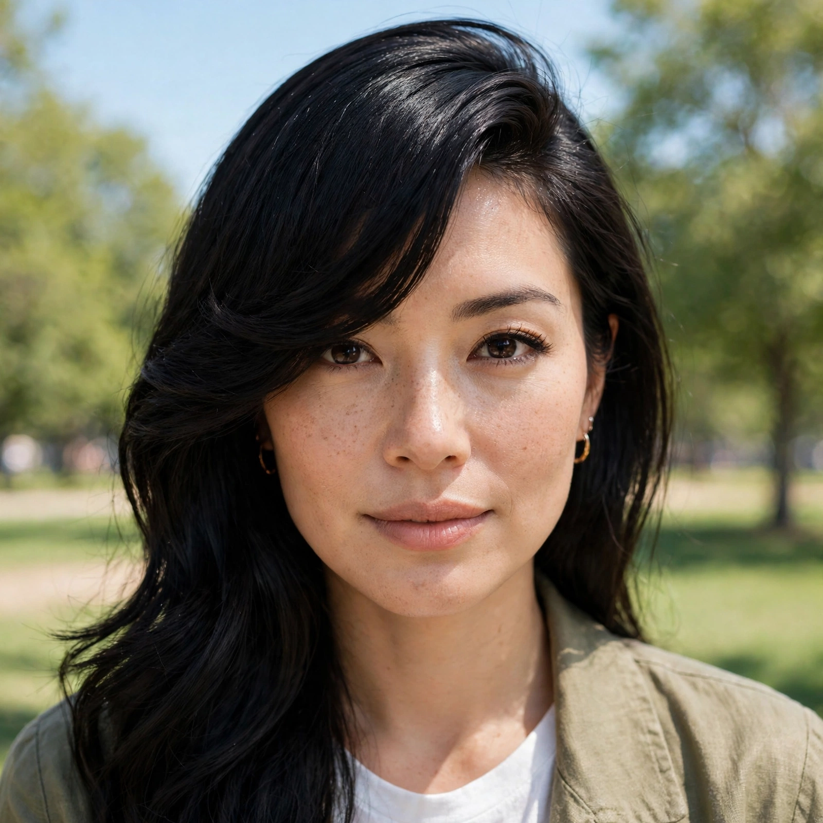Close-up of a woman with thick, black hair and a side-swept fringe sweeping across her forehead, outdoors with blurred green trees in the background
