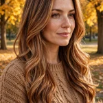 A woman with long toasted cinnamon layers and soft bends at the ends, wearing a cosy camel knit sweater, standing outdoors among golden autumn trees, warm afternoon light, three-quarter front angle, clean bright style.