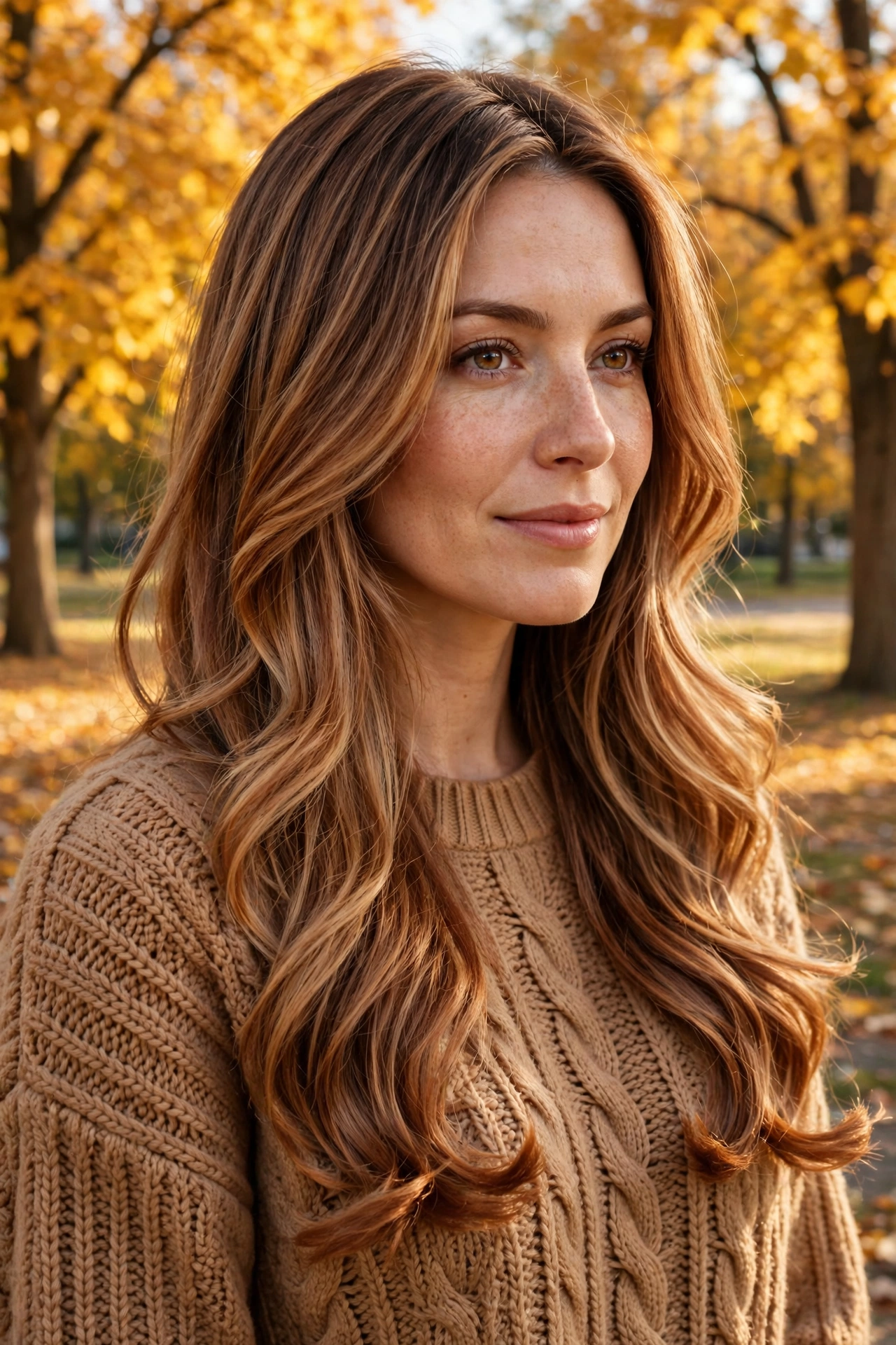 A woman with long toasted cinnamon layers and soft bends at the ends, wearing a cosy camel knit sweater, standing outdoors among golden autumn trees, warm afternoon light, three-quarter front angle, clean bright style.