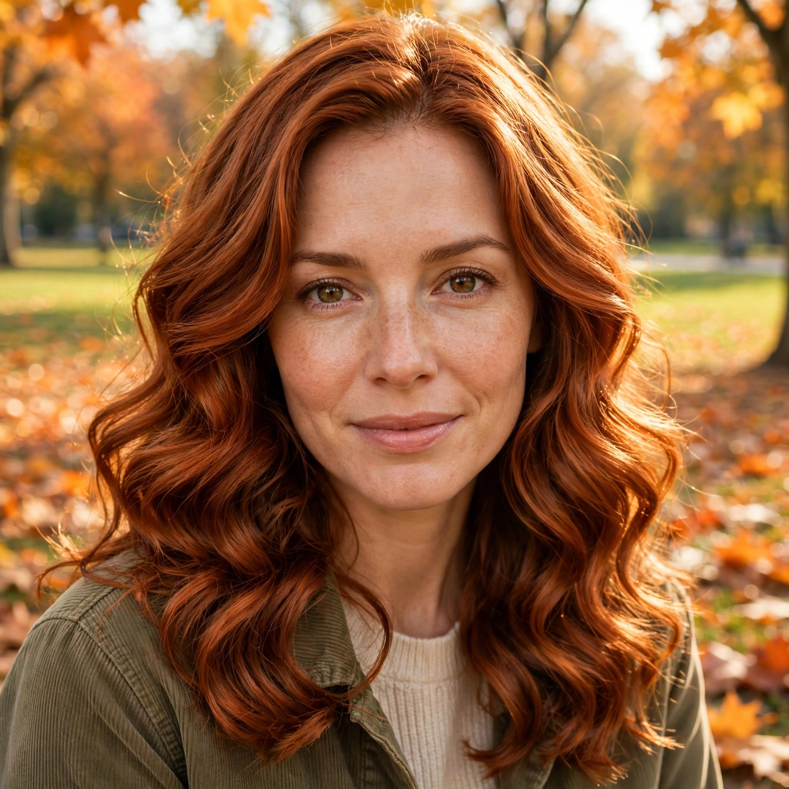A woman with autumn copper glow waves and glossy loose curls, photographed in a bright park with fallen orange leaves, soft golden daylight, front-facing shot from the shoulders up, clean bright style.
