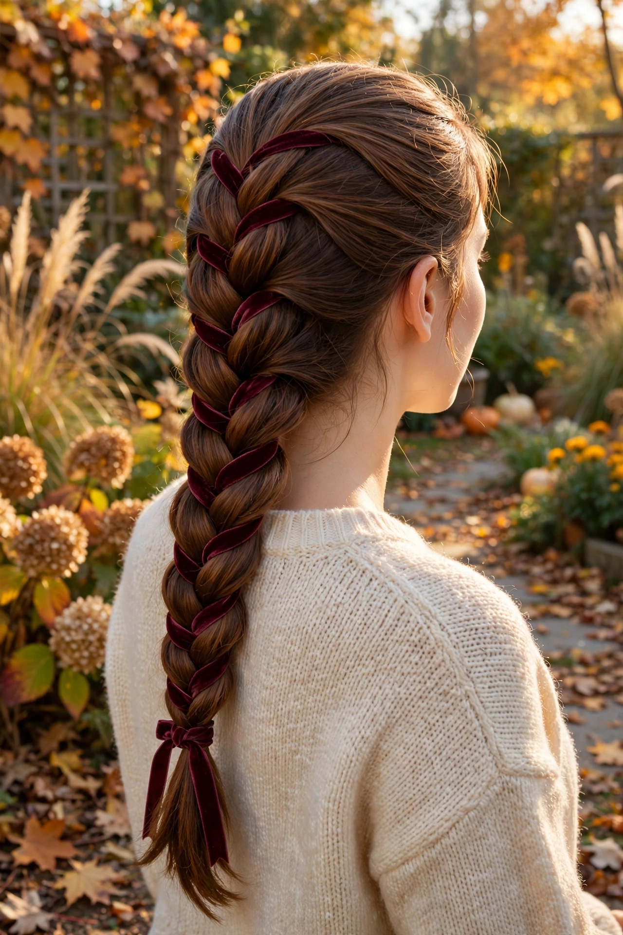 A woman with a chestnut ribbon braid woven with a slim burgundy velvet ribbon, shown from behind at a slight angle in an autumn garden, warm afternoon light, clean bright style.