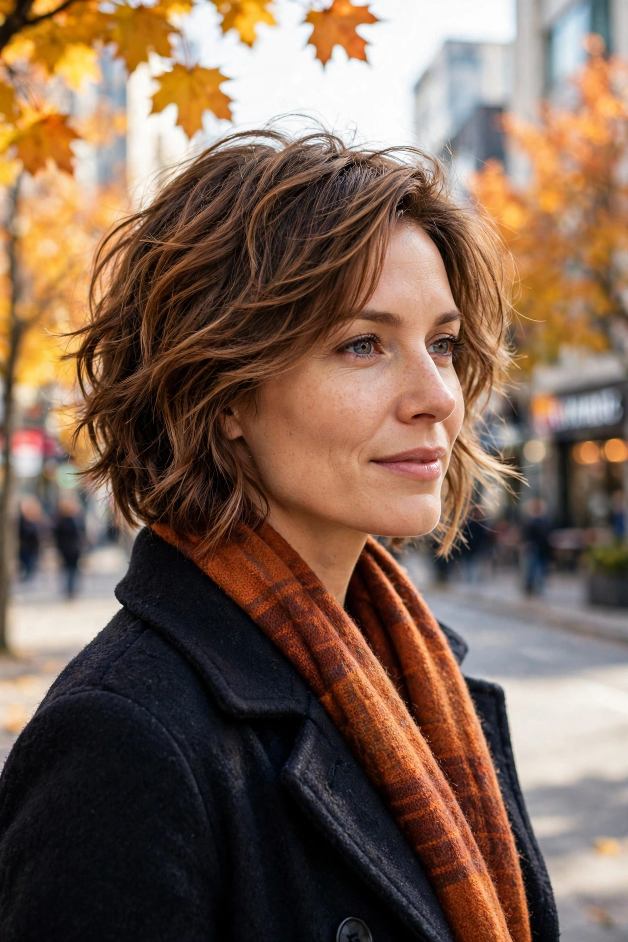 A woman with a textured autumn lob and tousled layers, wearing a dark coat and scarf, photographed on a bright city street with autumn trees in soft focus, three-quarter angle, clean bright style.