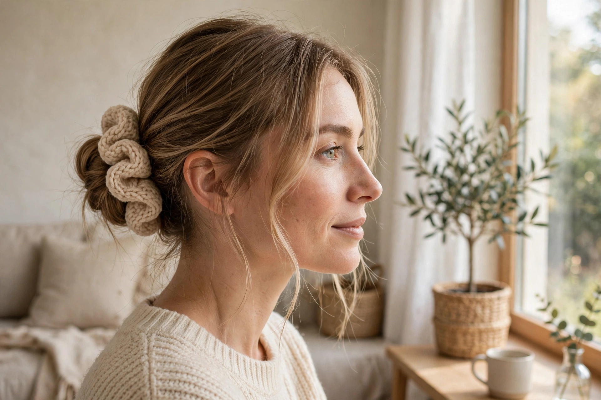 A woman with a cozy knit-inspired low bun and soft face-framing wisps, photographed in a bright warm living room near a window, soft daylight, side-angle shot showing the bun detail, clean bright style.