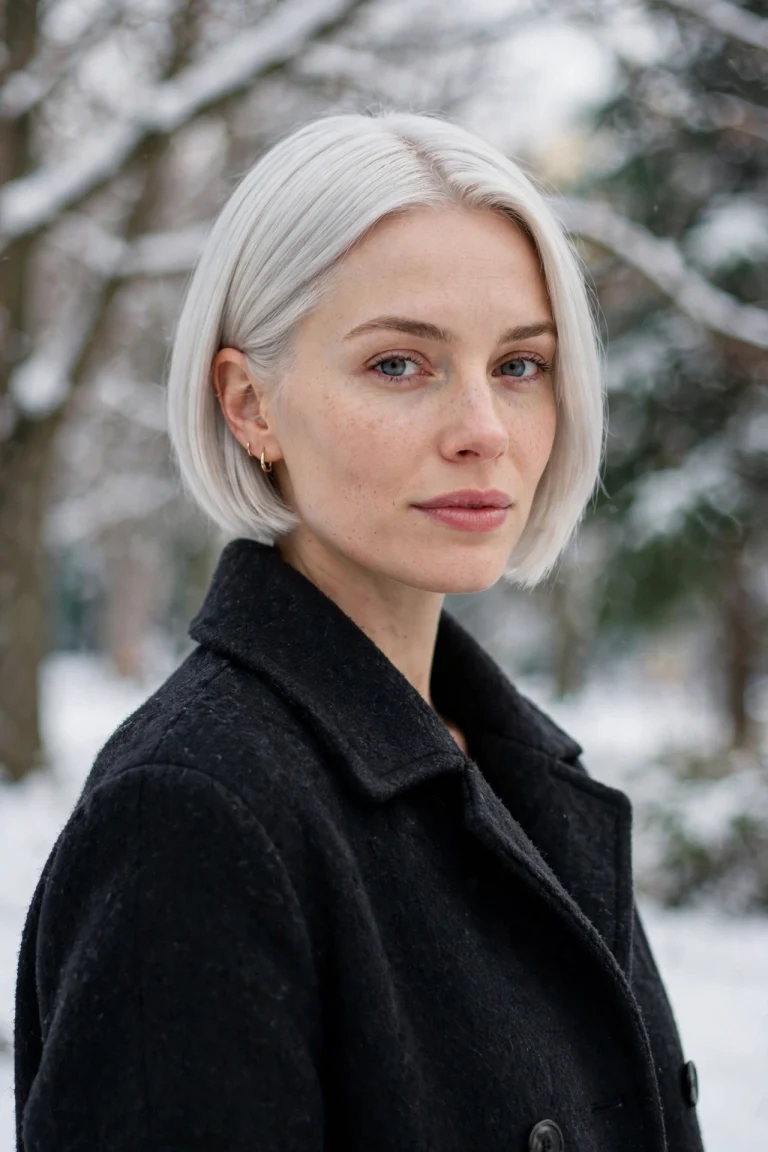 A woman with an icy platinum sleek bob and a flawless smooth finish, wearing a dark wool coat, standing outdoors in soft winter daylight with snow-dusted trees in soft focus behind her, three-quarter front angle, clean bright style.