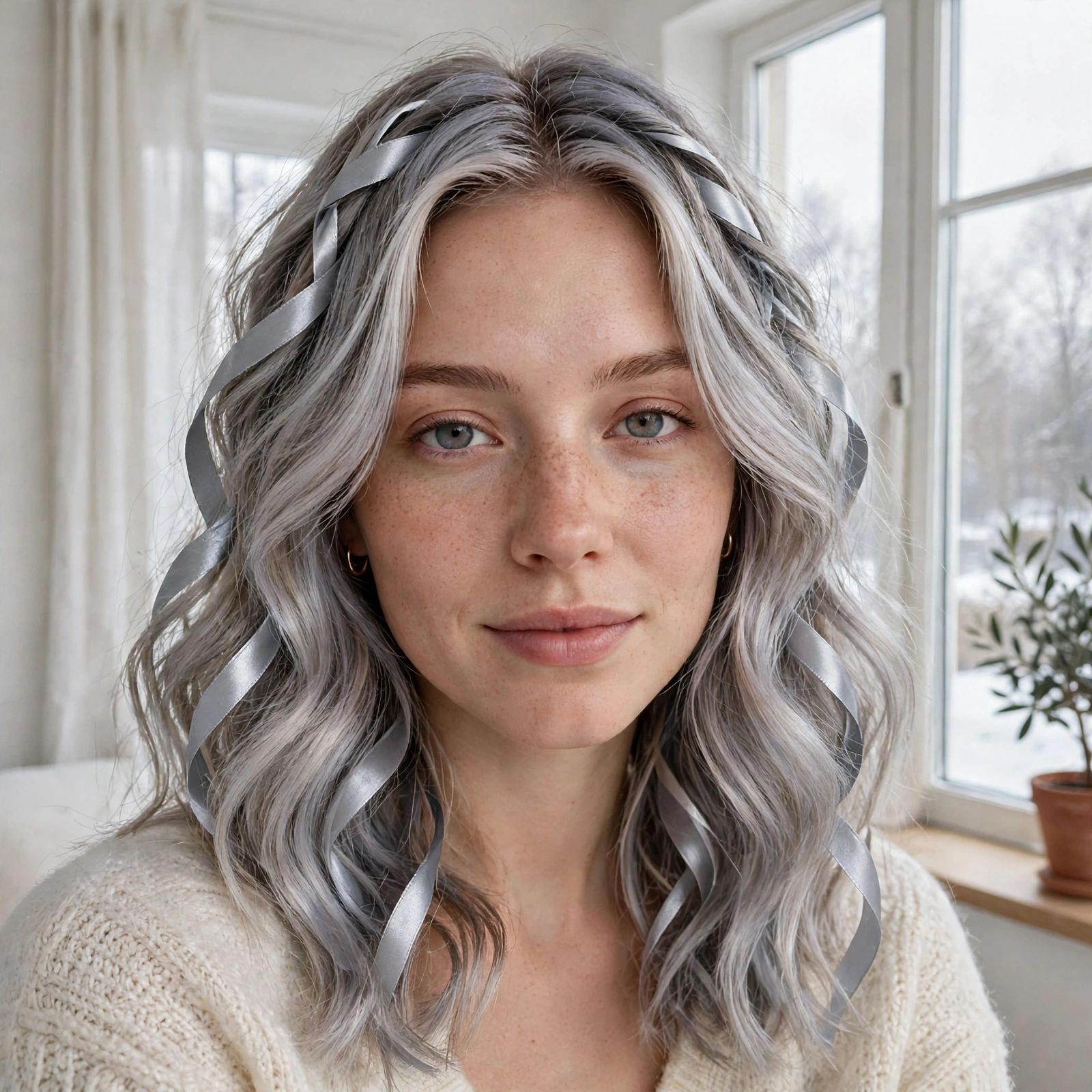 A woman with frosted silver balayage waves and cool silver ribbons through her hair, photographed in a bright room near a large window, soft winter daylight, front-facing shot from the shoulders up, clean bright style.