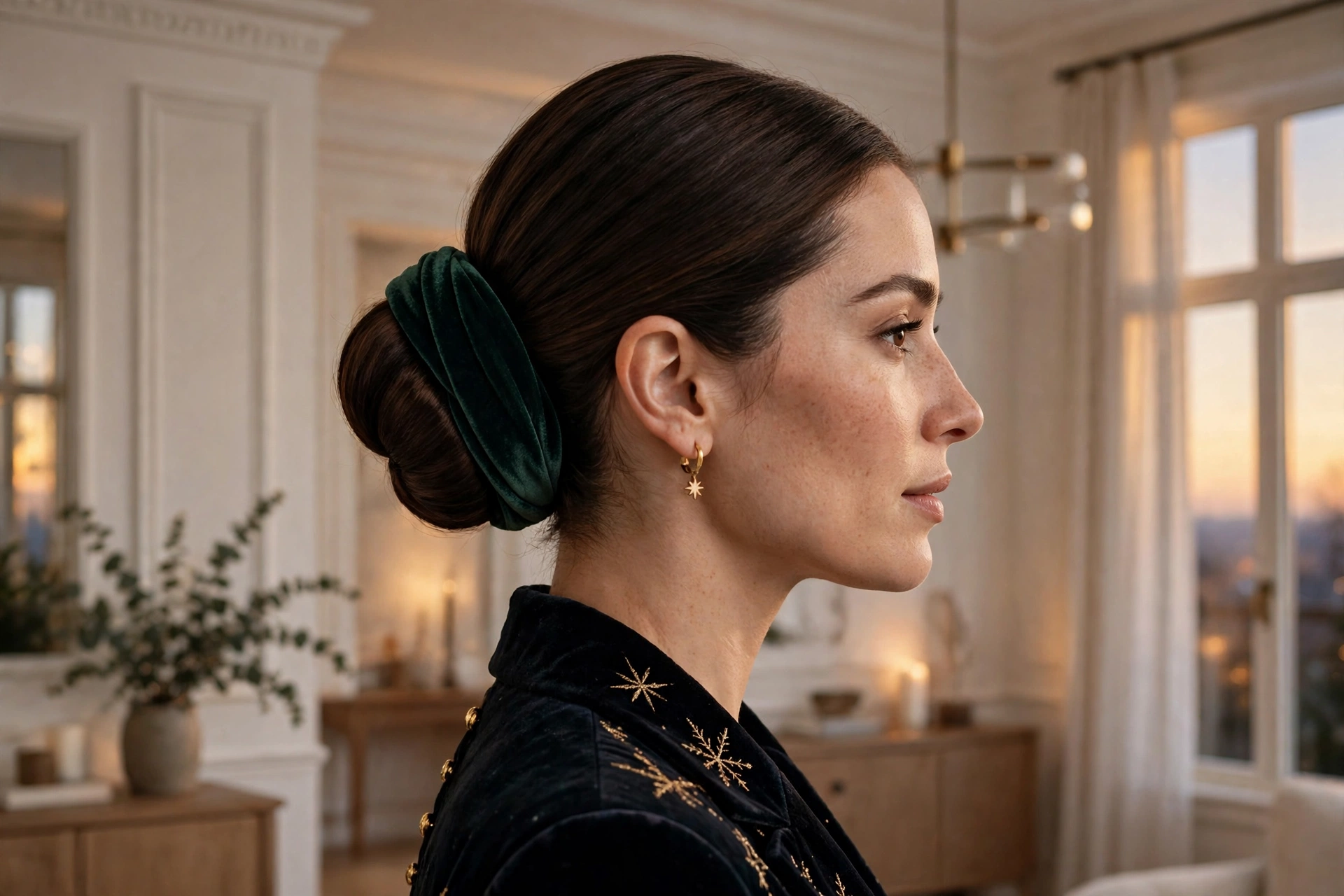 A woman with a winter velvet low bun and a smooth, polished finish, wearing a festive dark outfit, photographed in a bright elegant room with warm evening light, side-angle shot showing the bun detail, clean bright style.