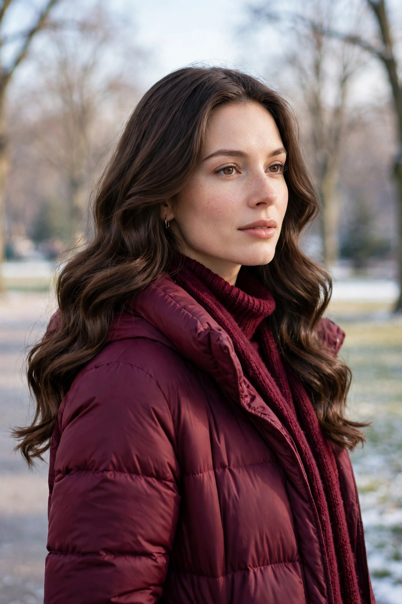 A woman with deep burgundy winter layers and loose glossy waves, standing outdoors in a bright winter park with bare trees in soft focus, cool daylight, three-quarter angle, clean bright style.