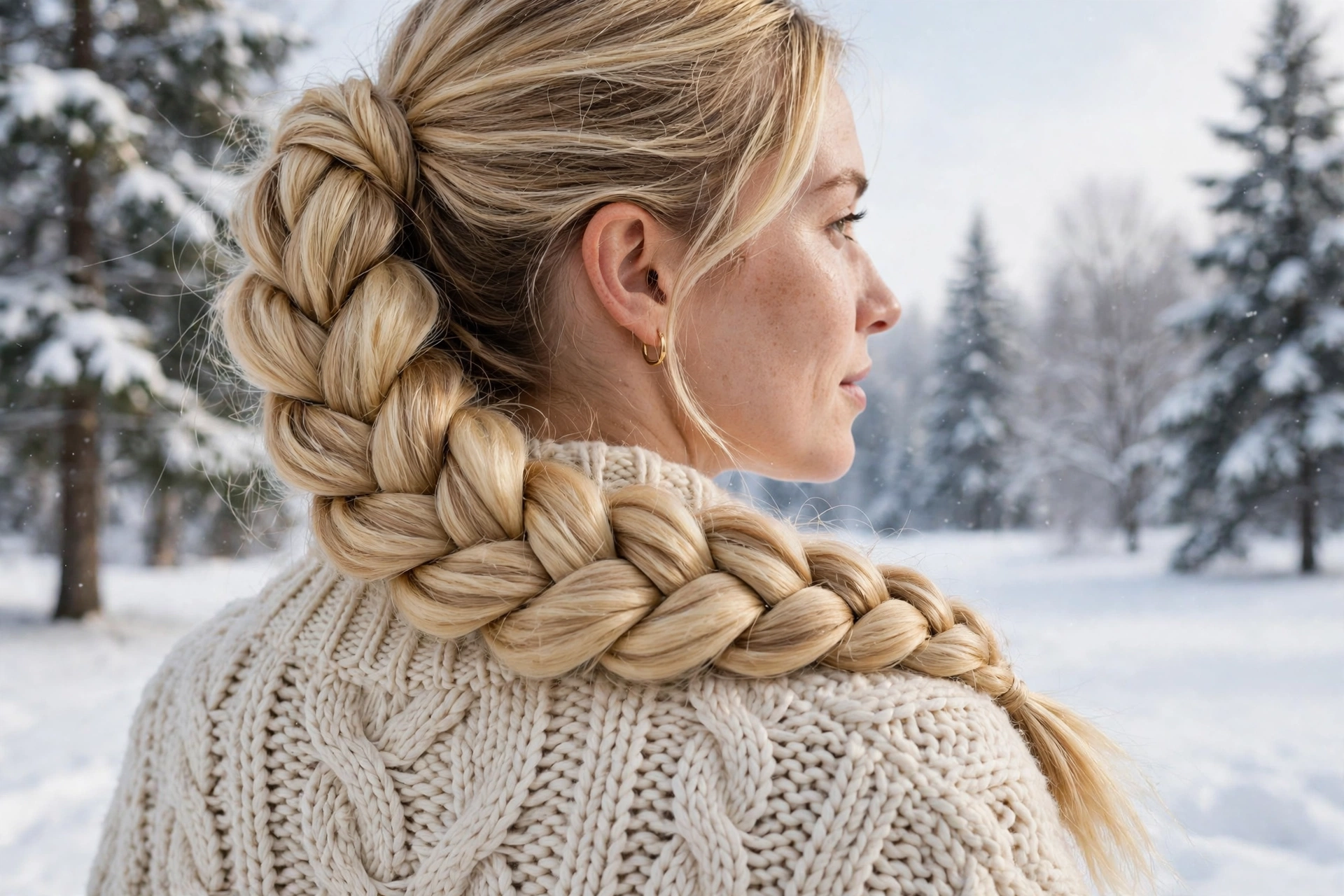 A woman with a winter chunky knit braid worn over one shoulder and a cosy knit sweater, photographed in a bright snowy outdoor setting, soft daylight, back three-quarter angle showing the braid detail, clean bright style.