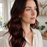 A woman with cherry cola colour melt hair in loose glossy waves, standing in a bright modern room with soft natural light, three-quarter front angle, clean bright style.