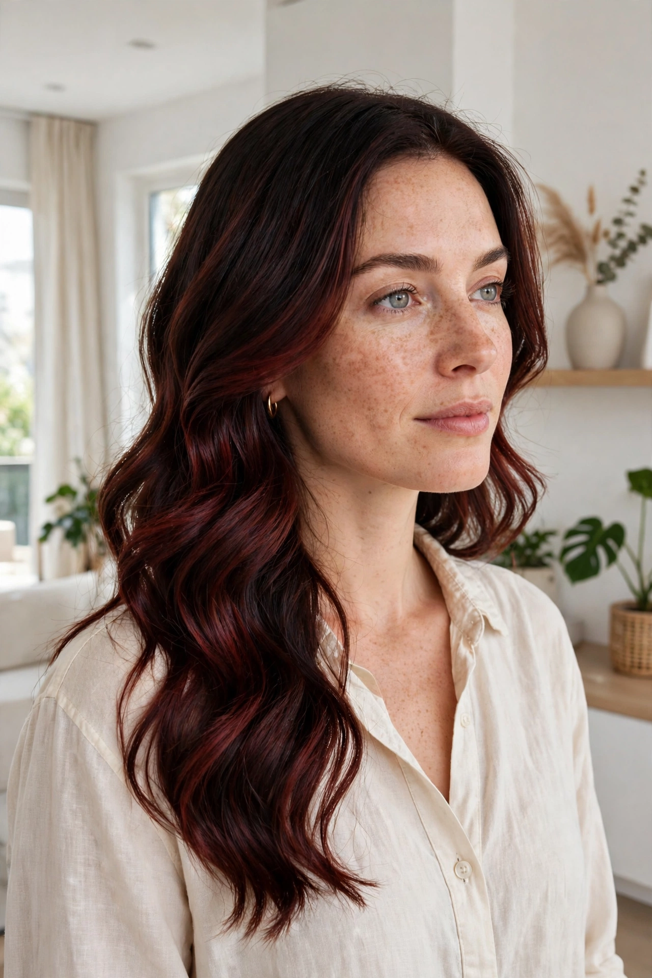 A woman with cherry cola colour melt hair in loose glossy waves, standing in a bright modern room with soft natural light, three-quarter front angle, clean bright style.