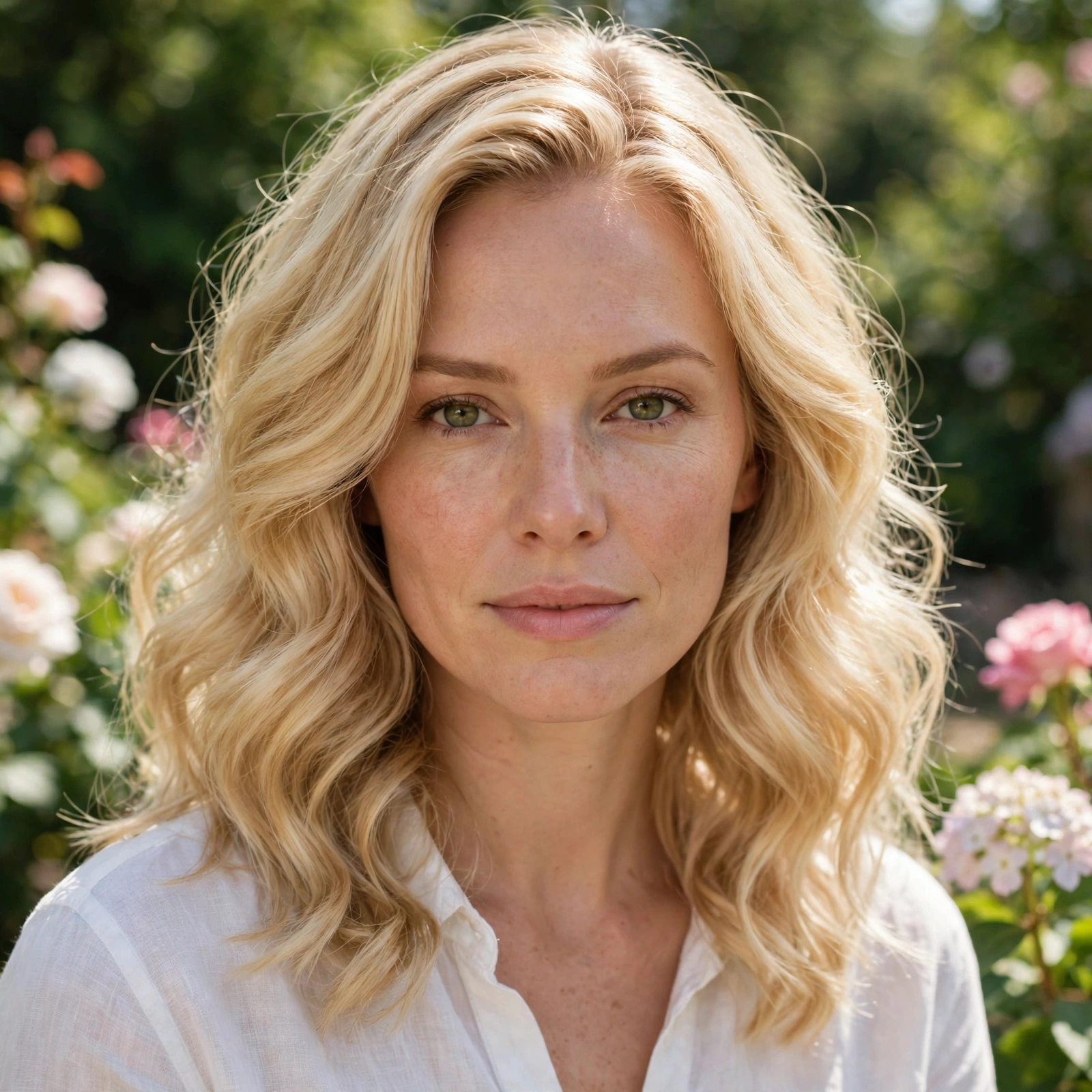 A woman with golden butter blonde hair in soft creamy waves, photographed outdoors in bright daylight with a soft-focus garden behind her, front-facing shot from the shoulders up, clean bright style.