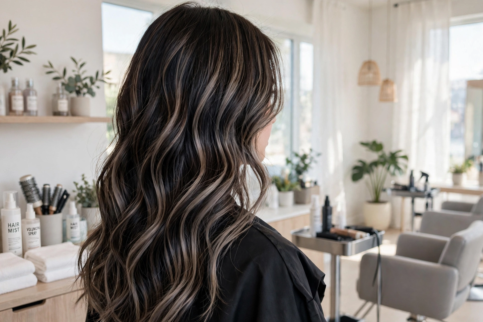 A woman with iced mocha balayage and cool mocha ribbons through wavy dark hair, shown from behind at a slight angle in a bright salon-like room, soft daylight, clean bright style.