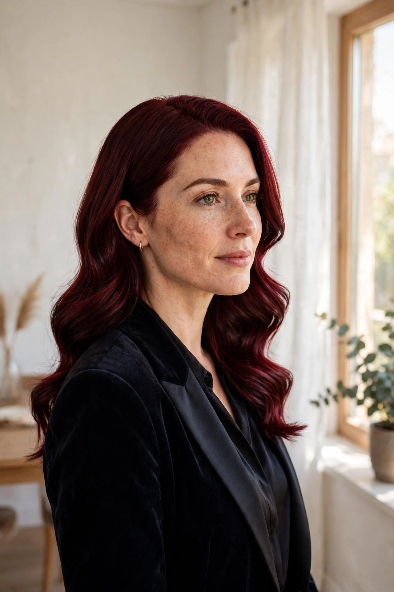 A woman with deep merlot red hair in smooth glossy waves, wearing a dark elegant outfit, photographed in a bright room near a window, warm daylight, three-quarter angle, clean bright style.